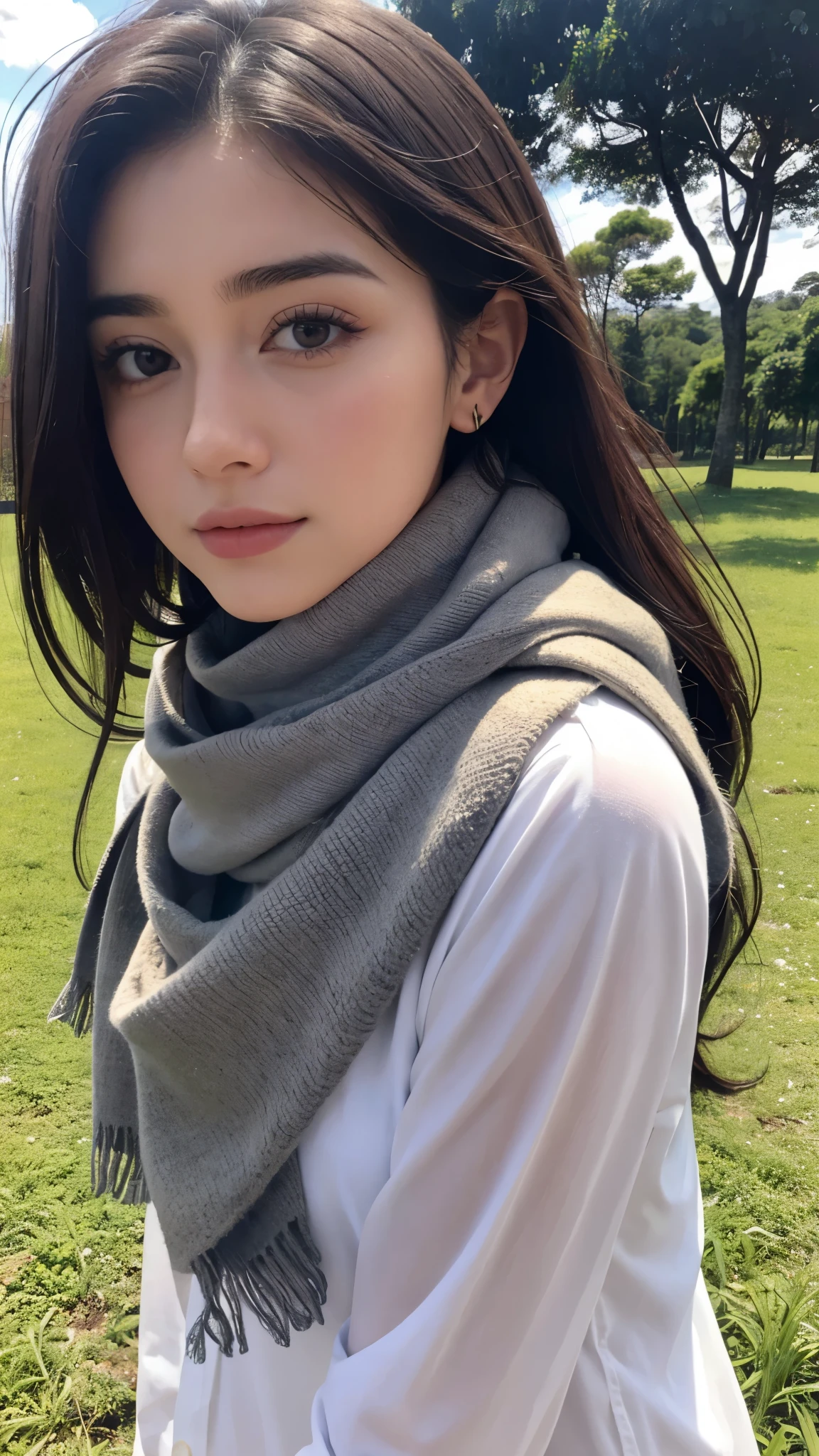 8k, melhor qualidade, obra de arte, realista, Ultra detalhe, photo realista, Aumentar a qualidade,
a photo of Lauren Jauregui standing in a field with a scarf, no estilo do designer sombrio e taciturno, massa volumosa, fotografia, rostos serenos, bordas irregulares, Marinha, beleza natural, Close-up