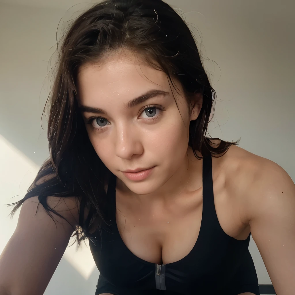 instagram photo, closeup face photo of 23 y.o Chloe in fitness coach, cleavage, pale skin, (smile:0.4), hard shadows, cycling outfit, after shower with wet hair, pedaling