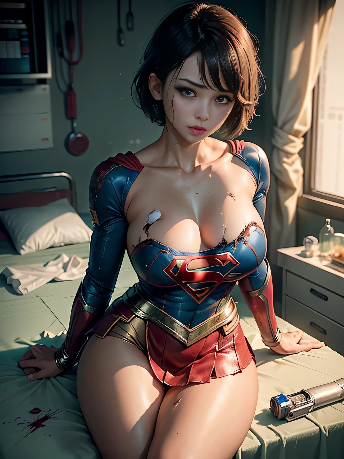 masterpiece、Short-haired Supergirl costume lying on the operating table in the operating room、tattered clothes、big and full breasts、look at the camera、shiny costume、long sleeve、wounded、pour green liquid、Covered with lotion、exhausted、red mini skirt、barefoot