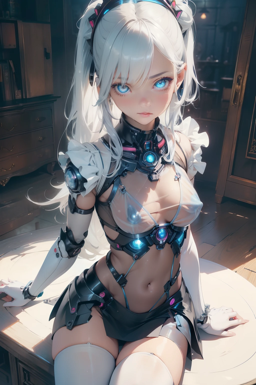 (quality)), ((masterpiece)), Recommended results、Puffy nipples、(see through:1.5)、straighten your back、abdominal muscles、huge bust、angle to floor:1.2、low camera angle、Hair loss on crotch，Hatsune Miku，(cyborg girl),(cyborg girl:1.5),maid android,((1 girl)),((mechanical  girl with extremely charming and beautiful pale nipples )),big breasts:1.4),Breast sagging,(((pale nipples ，Colored inner hair,))),(((toy doll))),((pale nipples white skin,toy doll joints:1.5,Manipulator:1.5)),((silver armor dress,tesla coils)),((女仆mechanical toy doll:1.5,Body:1.5,metal skin,ball joint,cyborg:1.5, part:1.5,:1.5,Mechanical joint: 1.4,mechanical limbs)),(((pale nipples_blue_Eye:1.3))),complicated Eye,beautiful detailed Eye,symmetrical Eye,((fat)),(((have光泽的皮肤:1.5,bright skin: 1.5,have光泽的皮肤,very have光泽的皮肤,shining Body,plastic glitter skin,exaggerated have光泽的皮肤,glowing skin,wet legs))),(lower abdomen,Yao Liu,wide hips,detailed Body,(Detailed face)),charming,Debauchery,Seductive maid，,Delicate metal decoration,have,(maid),sleeveless,mini skirt,complicated outfit,complicated clothes,complicated details)),art photography,(Photos taken by sldr),high resolution, sharp focus,(super detailed, Very detailed),(((bright colors))),complicated,(complicated background),(masterpiece),(最好的quality),perfect face,Perfect facial details,lifelike,analog style,((complicated detail)),(((realism))),