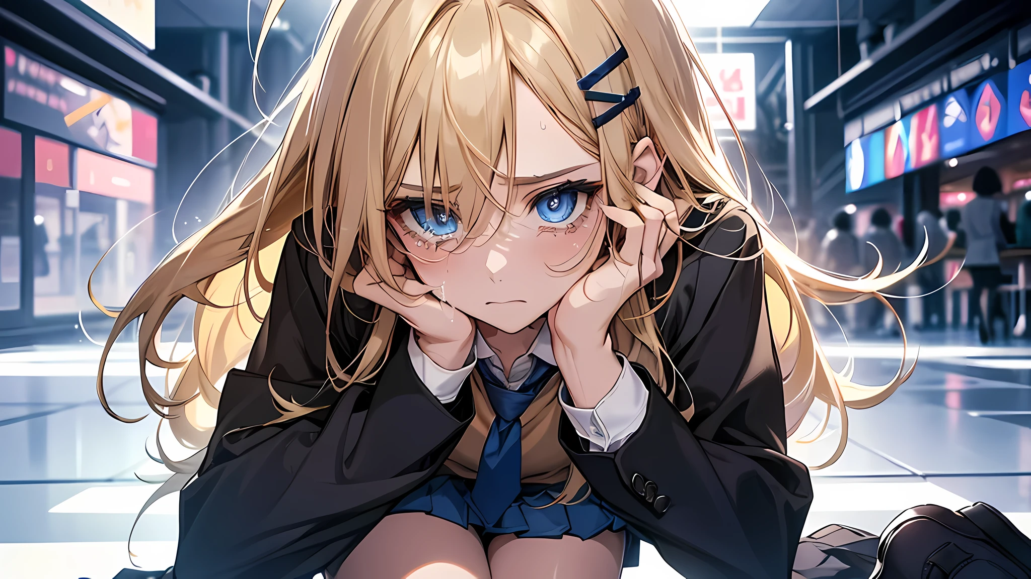 professional photo of angolmois, 1girl, solo, looking at viewer, desperate look, fear, crying a lot, skirt, hair ornament, school uniform, tie, socks, hair clip, sweat vest, detailed skin, detailed eyes, detailed face, shimmering blue eyes, volumetric light, highrez, masterpiece, best quality, long blonde hair