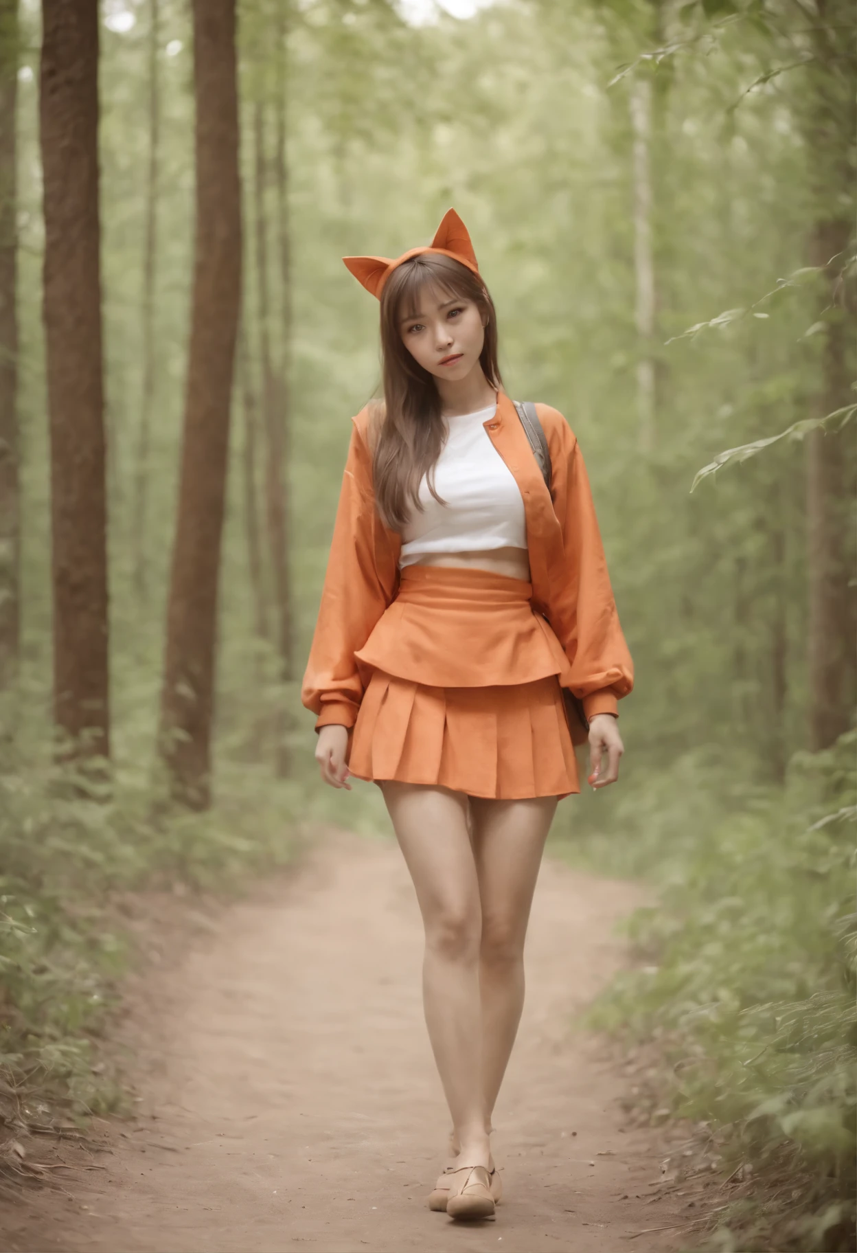 Cute Cat Eared Girl,orange samue short skirt,Carrying a kuzuro on your back,in the forest