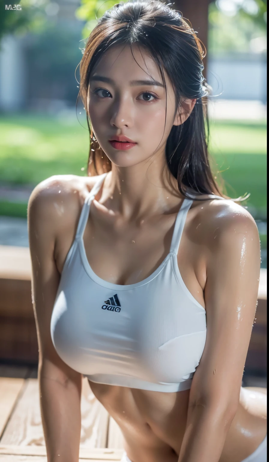 (8k, RAW photo, best quality, masterpiece:1.2), (realistic, photo-realistic:1.37),1girl, facing camera, wet, soak wet, good lighting, photon mapping, radiosity, Korean Doll, gym clothes, nude, big tits, tits squeezed
