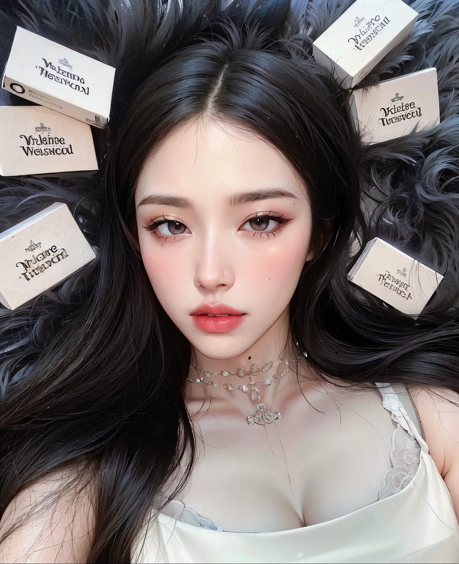 Arafed woman with long black hair lying on a fur carpet with lots of small perfume boxes, maquillaje popular de corea del sur, maquillaje coreano popular, pale porcelain white skin, dilraba dilmurat, pale, snow-white skin, cara sexy con maquillaje completo, ulzzang, xisionwu, yanjun chengt, pale milky white porcelain skin