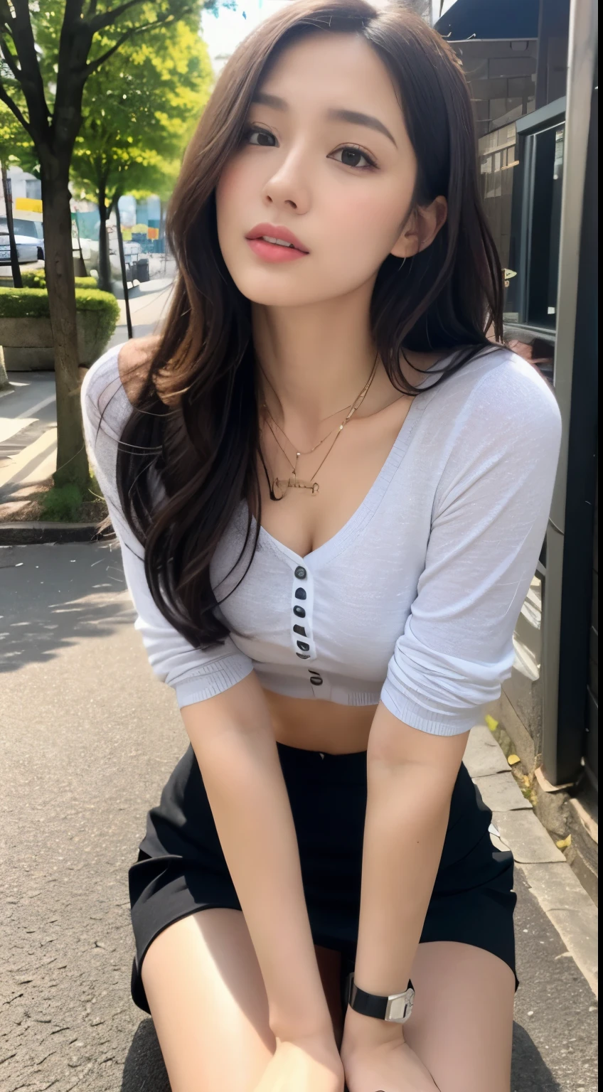 (best qualtiy,A high resolution,tmasterpiece:1.3),A tall and beautiful woman,Slender abs,Dark brown hair in loose wavy styling,Wearing a necklace,Red buttoned shirt,obi strip,Black skirt,Outdoor street,Beautifully rendered details in face and skin textures,Detailed eyes,二重まぶた,Selfie angle,手拿手提包。