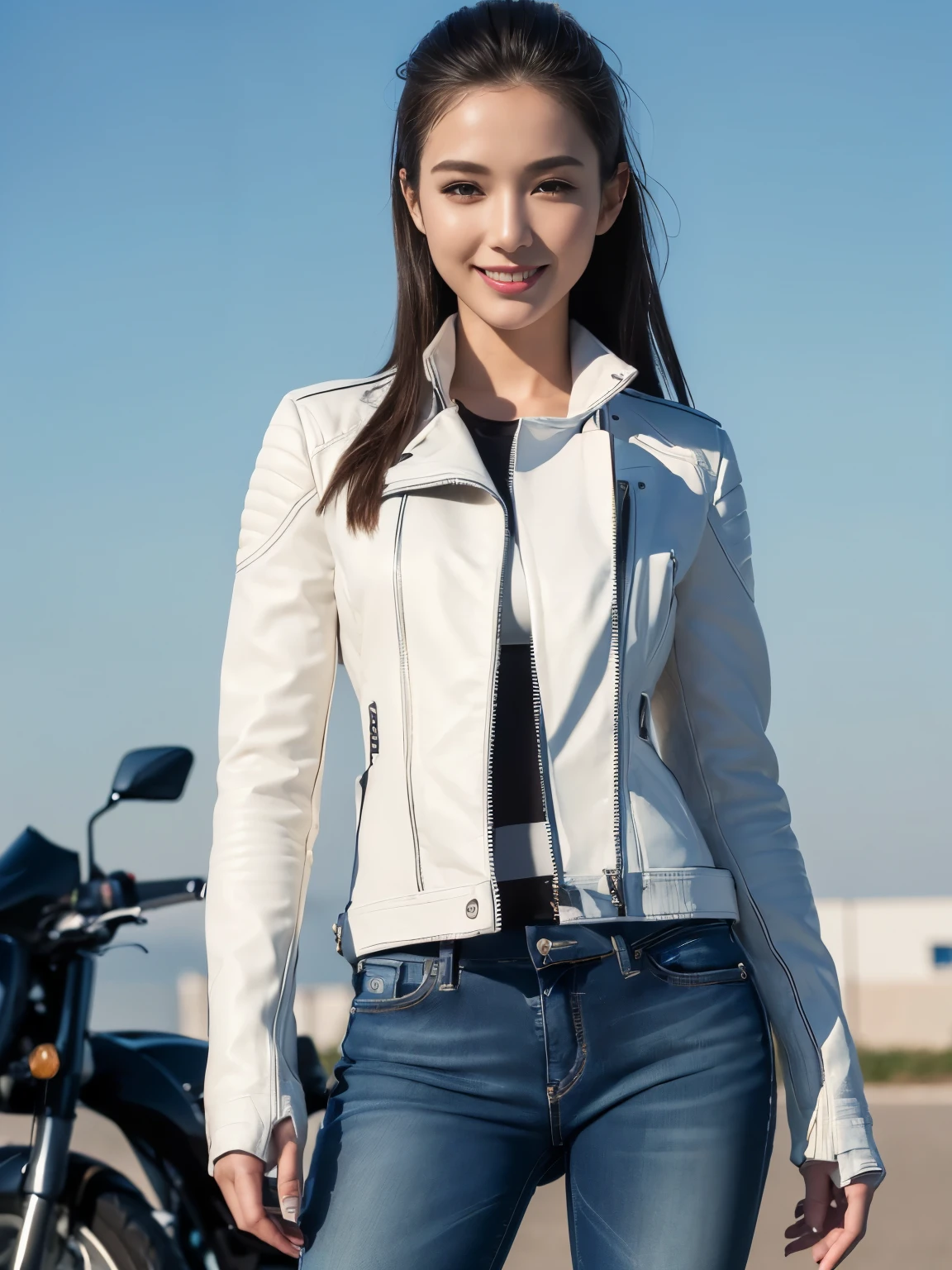 ((highest quality, 8K, masterpiece: 1.3)), sharp: 1.2, perfect body beauty: 1.4,(((Woman on Motorcycle))),slender body,((white long sleeve motorcycle jacket and jeans)),Highly detailed face and skin texture,((full body shot)),Natural light,smile