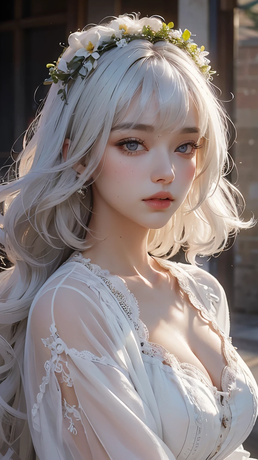 mix4, 20d, solo, short_hair, shirt, high_heels,full_body, look_at_viewer, (8k, RAW photography, top quality, masterpiece:1.2), (realistic, photorealistic:1.37), professional lighting, photon mapping, radiosity,physically based rendering,(beautiful detailed eyes, beautiful detailed lips, extremely detailed eyes and face, long eyelashes), voluptuous, curvaceous body, flower crown, white hair, curly hair, long hair, heavy bangs, luxurious dress, thick white eyebrows