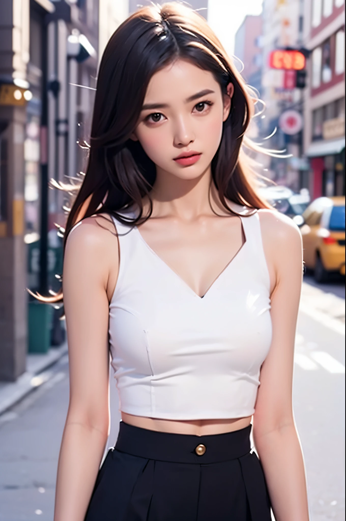 (((Masterpiece, highest quality, high definition, high detail)))), beautiful asian woman, cowboy shot, shorter midriff, long arms, long legs, city street with sky scrapers, white blouse, gray dress pants, bodycon, wide hips, low hanging pants