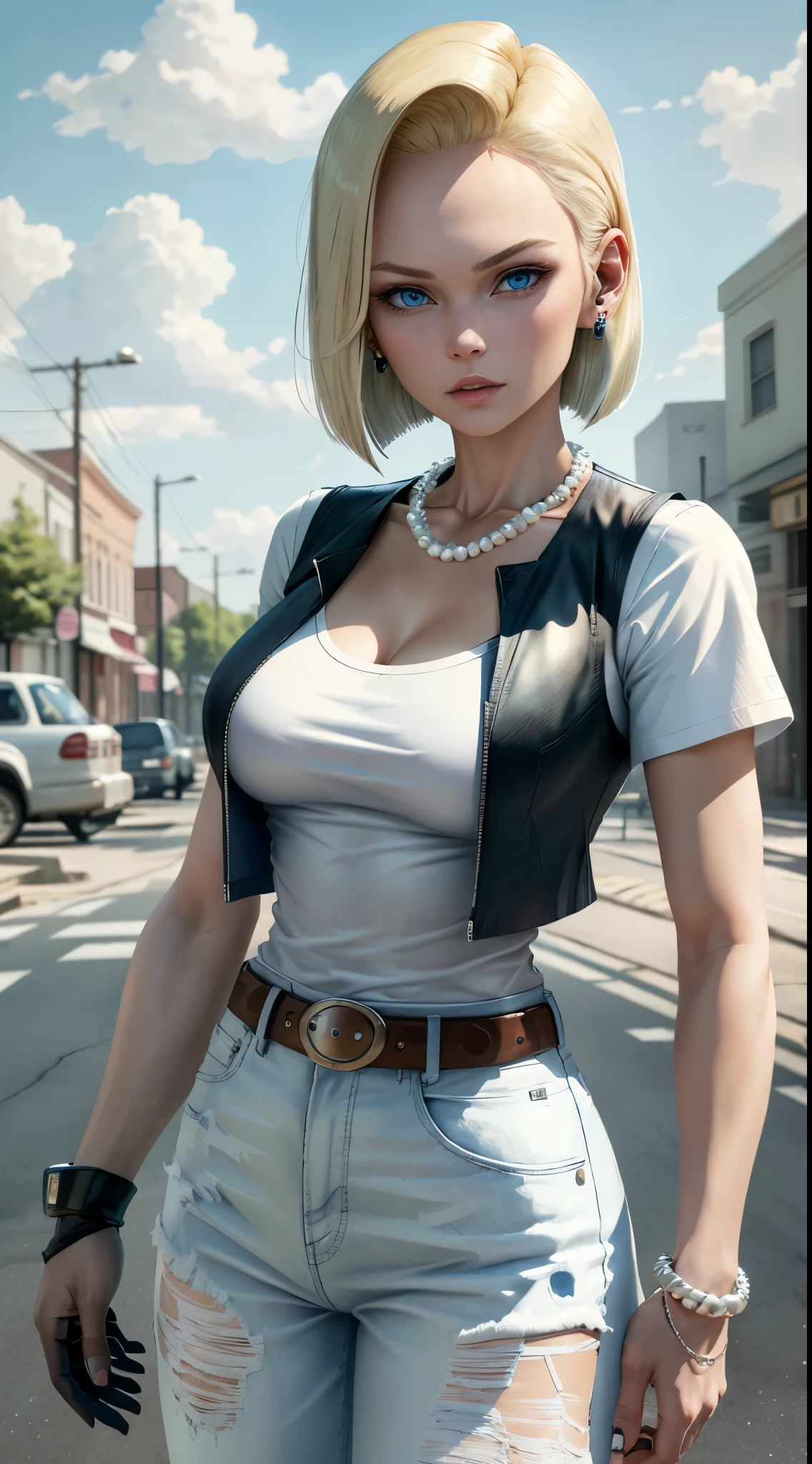 best quality, highres, and18, 1girl, android 18, solo, blonde hair, blue eyes, belt, blue jeans, pearl_necklace, bracelet, black gloves, white shirt, short hair, short sleeves, earrings, blue pants, open vest, black vest, large breasts, cowboy shot, street, straight-on, meadow landscape,