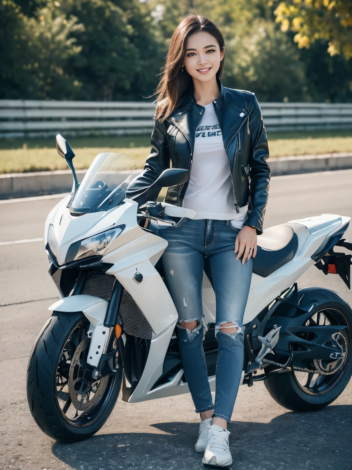 ((highest quality, 8K, masterpiece: 1.3)), sharp: 1.2, perfect body beauty: 1.4,(((Woman on Motorcycle))),slender body,((white long sleeve motorcycle jacket and jeans)),Highly detailed face and skin texture,((full body shot)),Natural light,smile