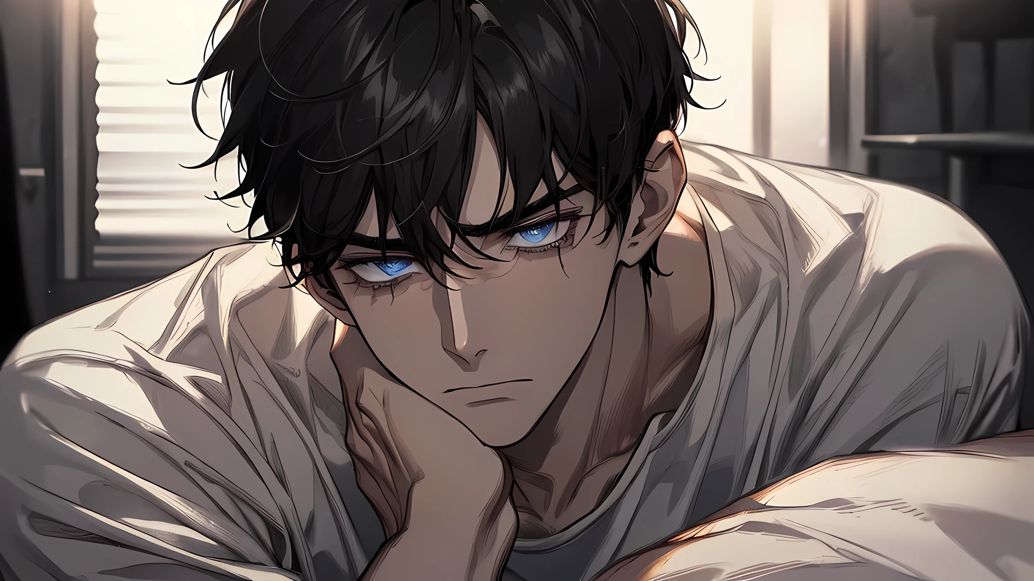 A Sad boy Crying in dark room, male, Night, bed, there is 21 years old handsome guy，White T-shirt，black long pants，A gentle face，A dark-haired、sad face, frown, Eyes drawn in detail、a handsome、Cinematic power、detailed eyes, detailed face, detailed nose