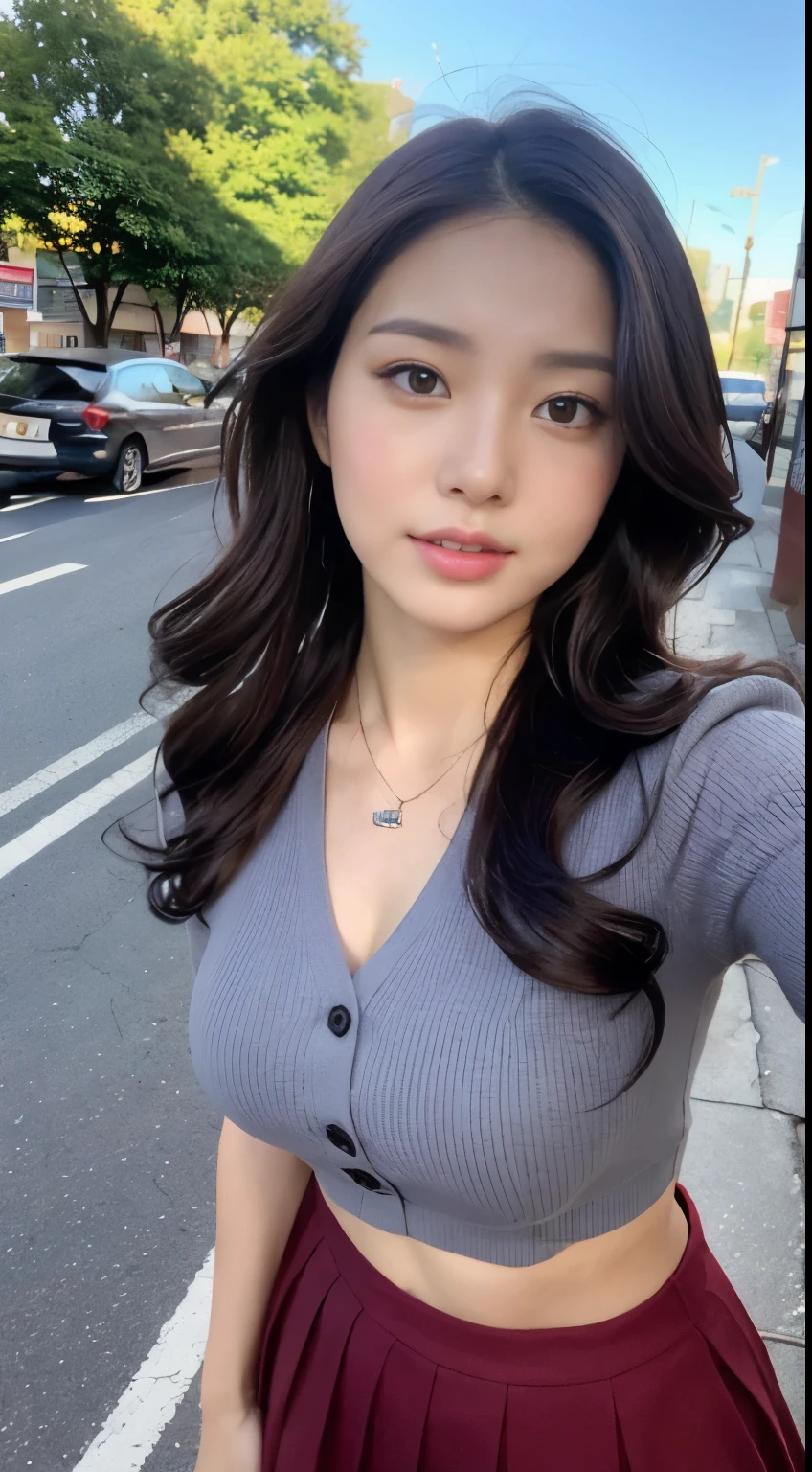 (best qualtiy,A high resolution,tmasterpiece:1.3),A tall and beautiful woman,Slender abs,Dark brown hair in loose wavy styling,Wearing a necklace,Red buttoned shirt,obi strip,Black skirt,Outdoor street,Beautifully rendered details in face and skin textures,Detailed eyes,二重まぶた,Selfie angle,手拿手提包。