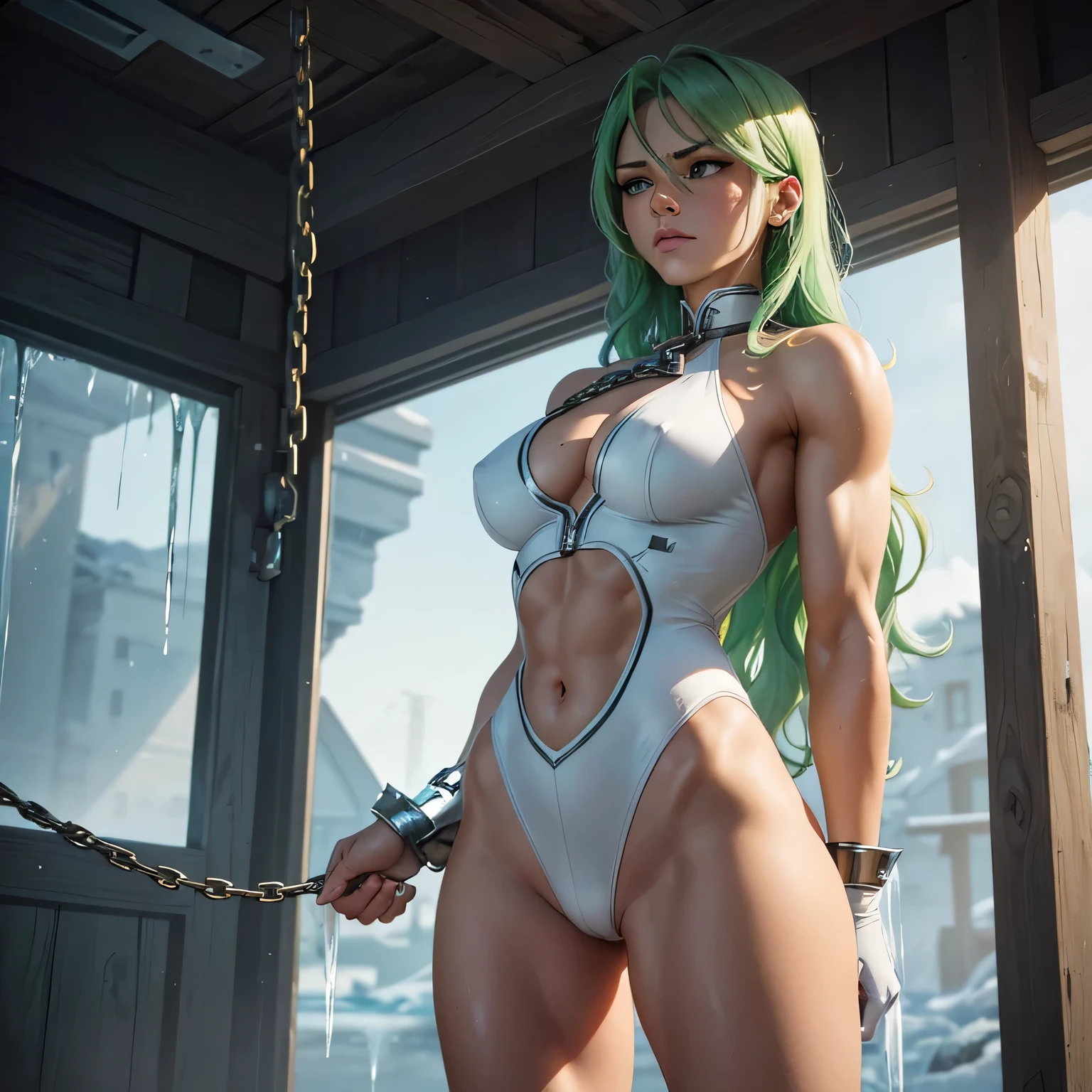 masterpiece, best quality, agrias, White leotard with a midriff cutout, standing,  green hair, high leg, wavy hair,  muscular , detailed face, muscular, She weak, she is chained, she  is standing and chain, she   being humiliated, big chest, she  suffering in pain,(alone), detailed face, age 20, she is covered in ice, ice dripping everywhere, she is sleepy