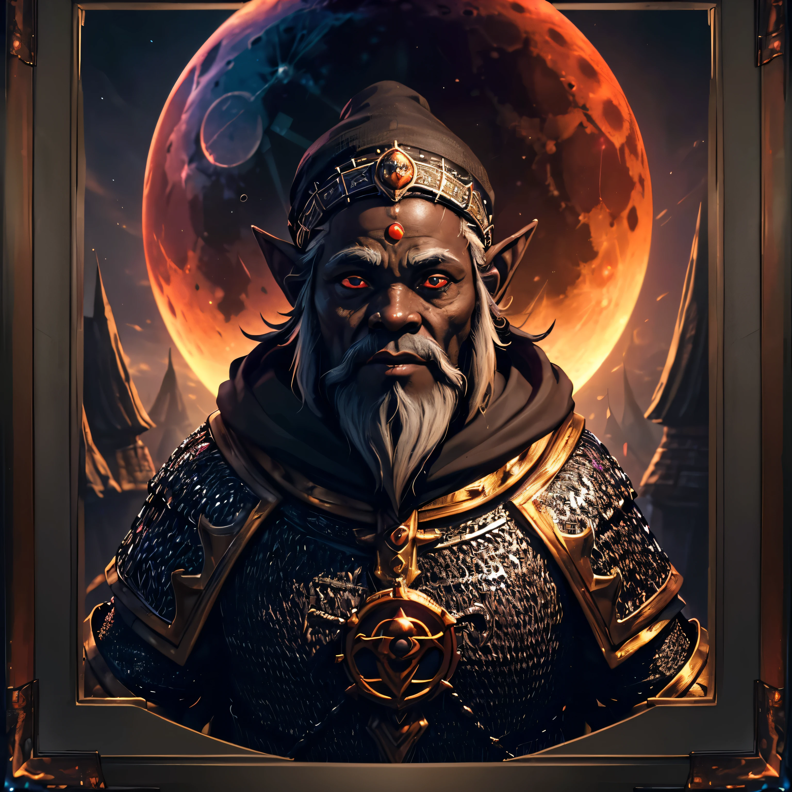 (((A black skinned deep gnome bardic denizen of the underdark centered in the foreground performing a kubrick stare))), (((Holy Vestments covering chainmail armor))), (bagpipes), dark fantasy, dark atmosphere, forest, ((night)), moon, glowing butterflies, volumetric lighting, best quality, masterpiece, intricate details, tonemapping, sharp focus, very detailed, trending on Artstation, realistic, trending in artstation 4k, 8k, cinematic lighting, (((Full blood moon vibrantly lighting the scene))), (((fish eye lens))), ((colorful)), (((Framed Character Portrait)))