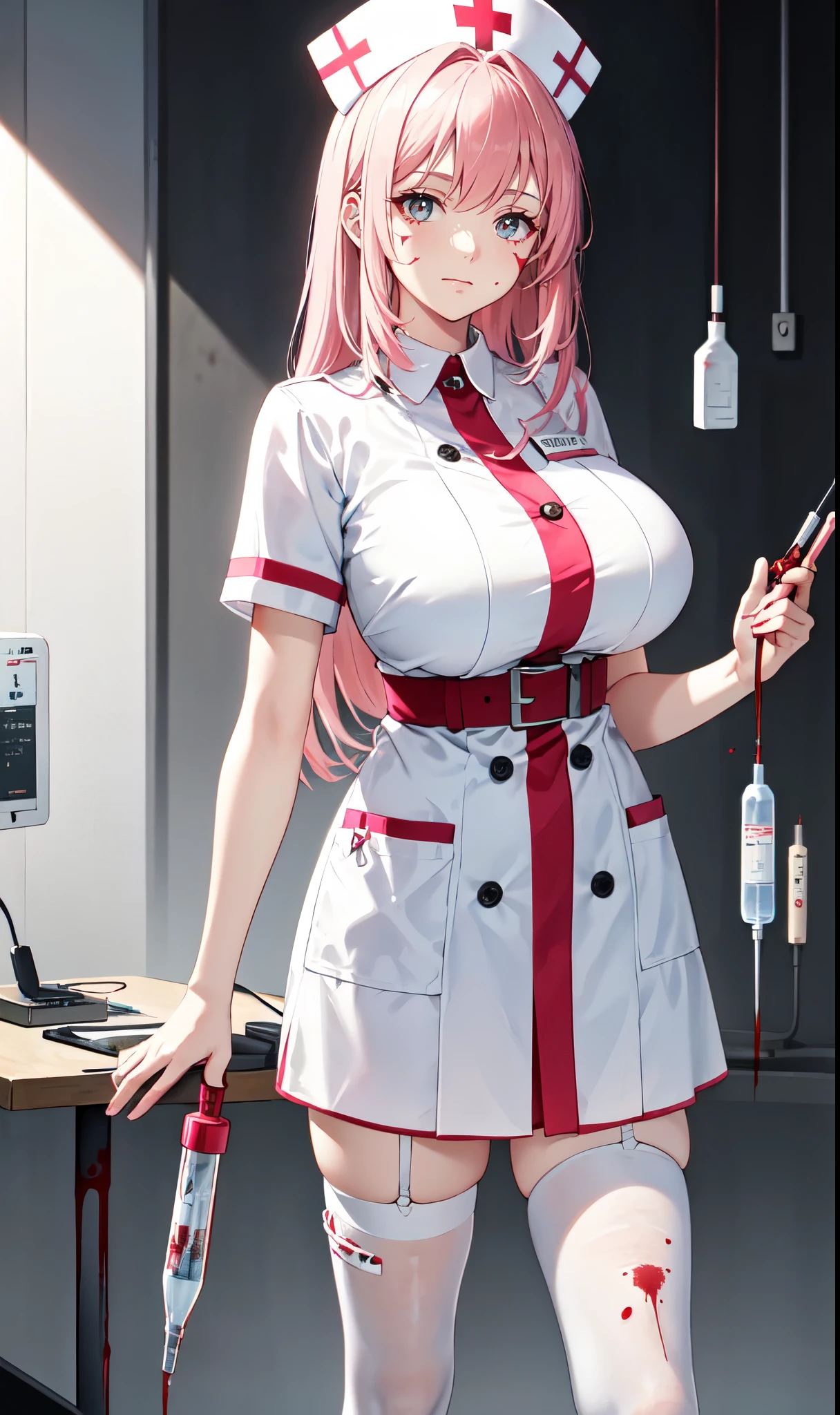 White hospital ward background,Hanging bottle,blood transfusion,light pink hair,Standing close-up,dream world,Sister nurse,(Handheld needle tube),Messy hair,Elongated danphoenix eyes,(white nurse,Handheld needle tube,The scars and blood stains on the body:2.0),(big breast),Blood bag decoration on chest with metal cross background,(Pure white ward:1.9),Gentle and sickly nurse sister,white stockings,High heel,Detailedly drawn backgrounds