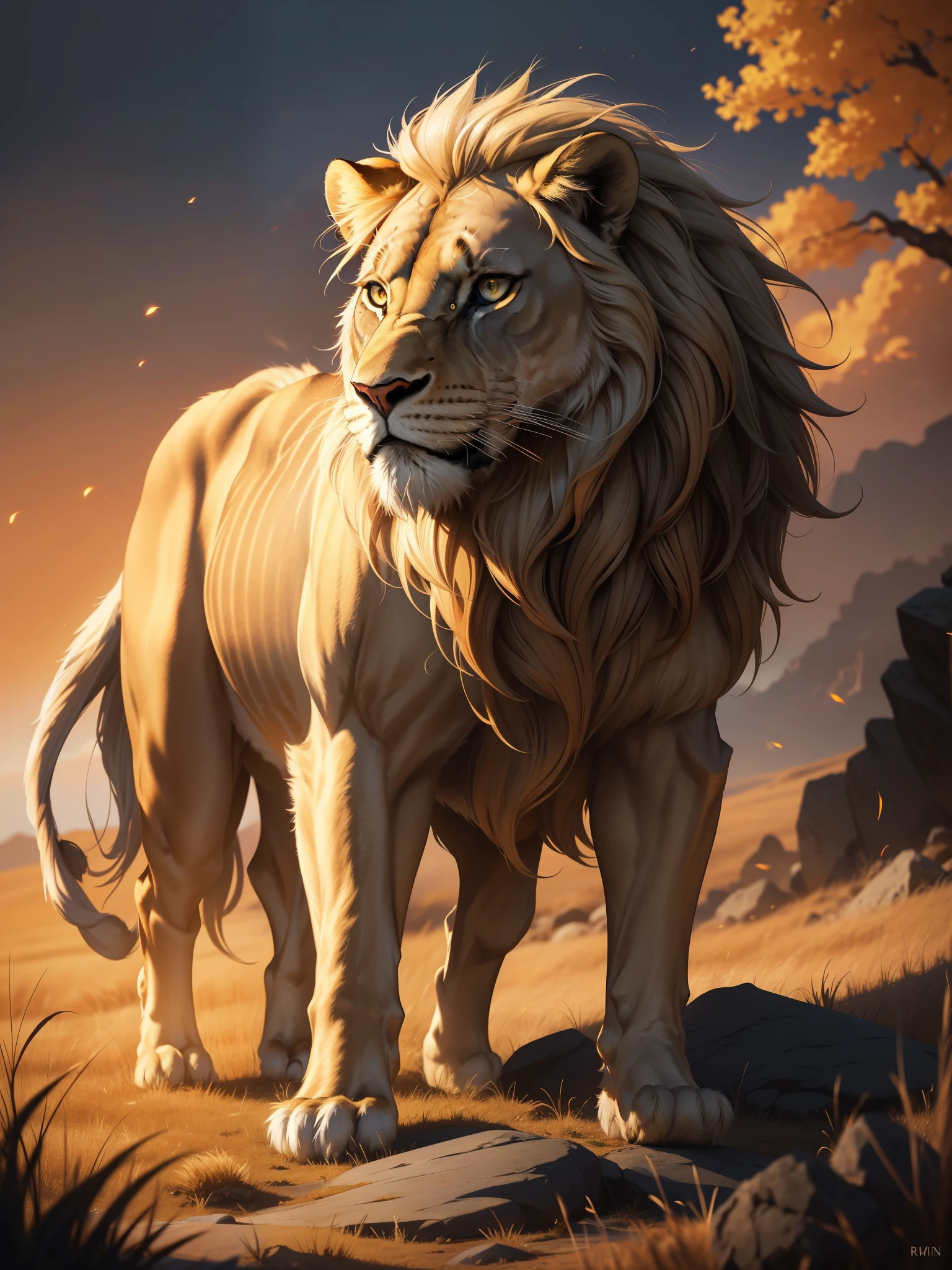 A majestic silver lion with flaming eyes sits regally on a rocky throne amidst the golden savannah. The sun sets behind him, casting long, dramatic shadows and bathing the scene in cinematic light. His mane shines like silver threads, reflecting the soft, warm glow of the dying sun. His eyes burn with an otherworldly fire, the flames adding an ethereal and mystical touch to his already imposing presence. The texture of the image is ultra-high definition, with intricate details capturing every fur follicle on the lion's body. The scene is realistically rendered, with subtle HDR enhancing the contrast between the bright golden grass and the darker,