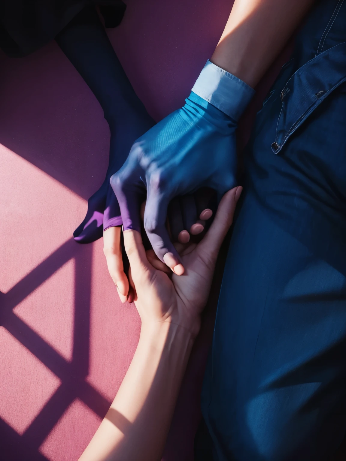 The blue shadow of a man in front of the shadow of a pink woman just touching each other's hands. Their hands are purple.