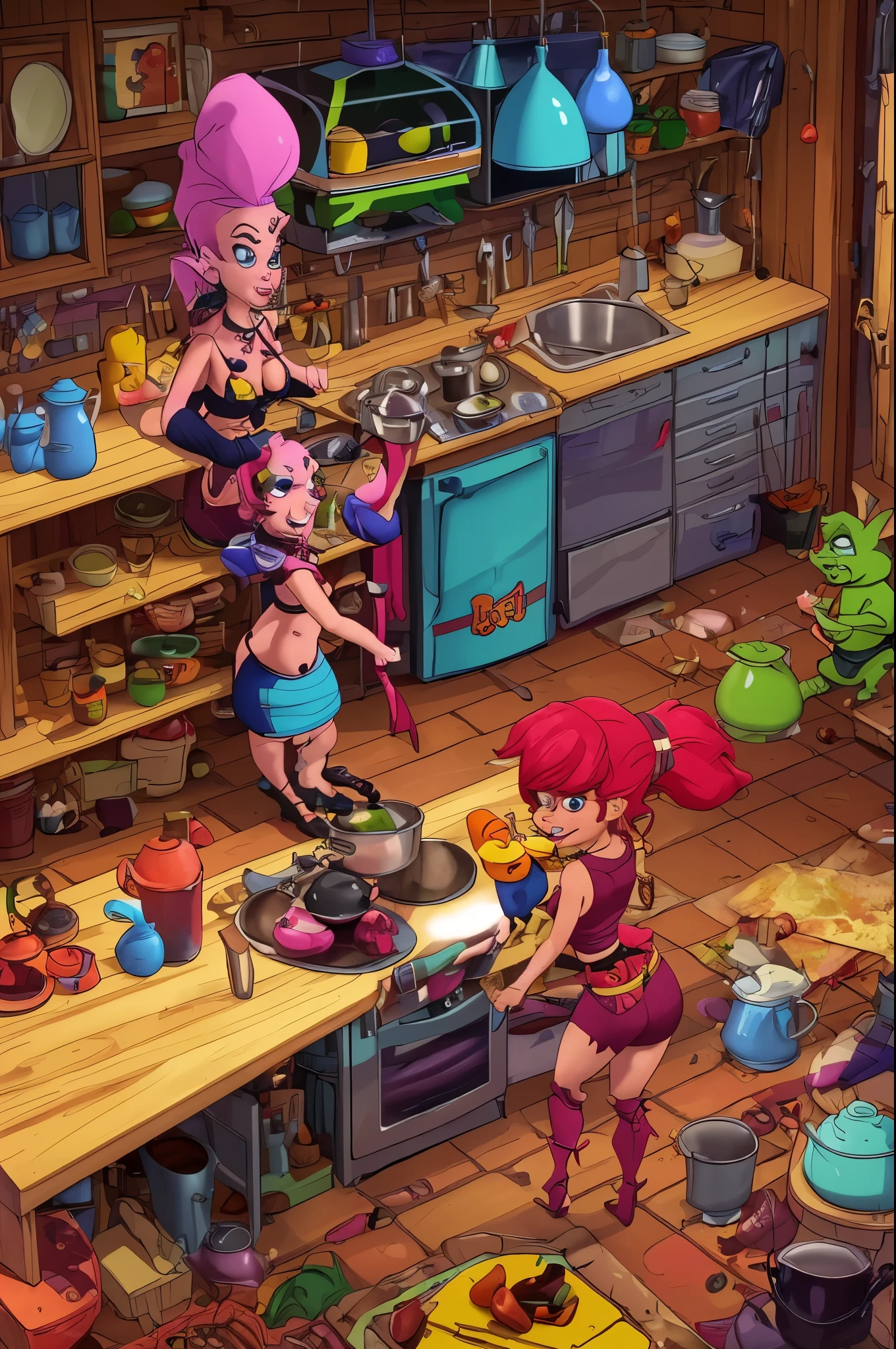 A sorority of goblin women are out in the woods partying, big bonfire, (daisy dukes, halter tops, trendy hairdos), girl power, dancing, singing, howl at the moon