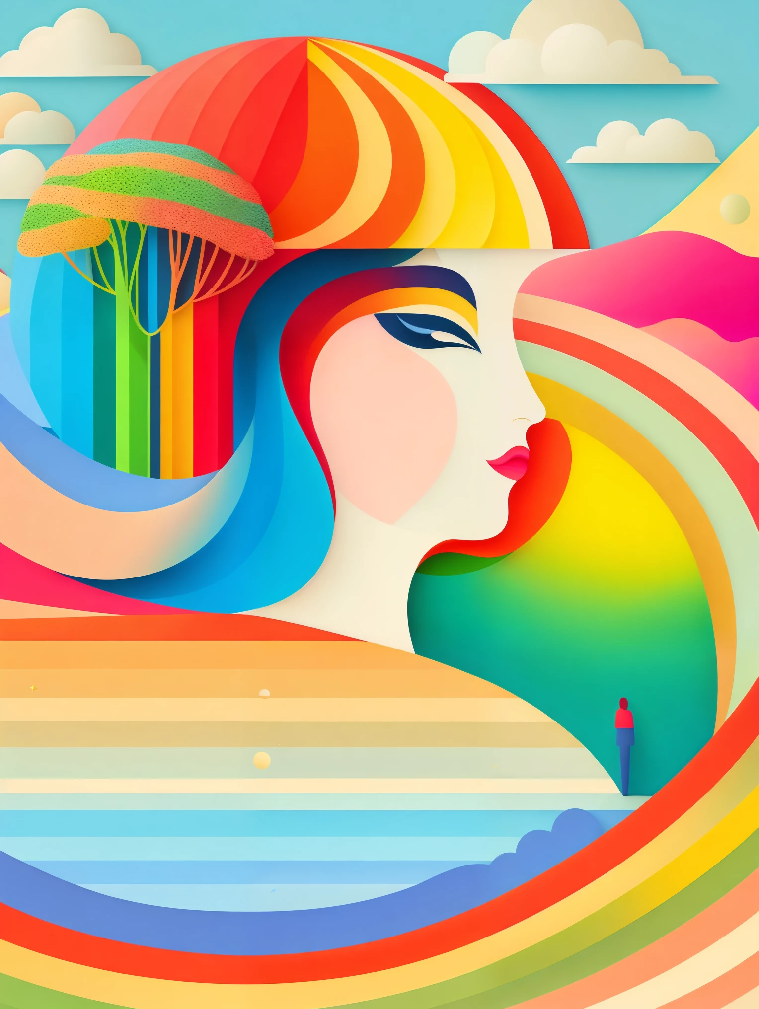 art illustration，rainbow，portrait，trees，colorful, rainbow, small , Contrasting colors, in the spring landscape, icon design, Rozmin trip, vector art, 1 girl, alone，Abstract surreal colors, popular geometric surrealism, rainbow色的梦想