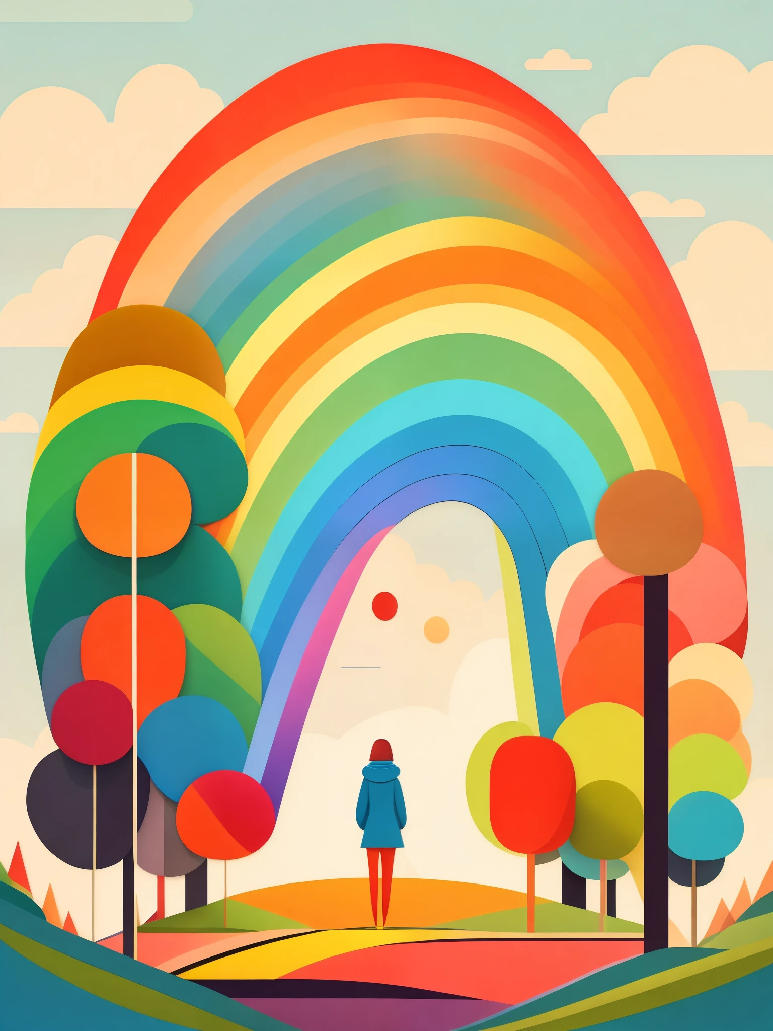 art illustration，rainbow，portrait，trees，colorful, rainbow, small , Contrasting colors, in the spring landscape, icon design, Rozmin trip, vector art, (1 girl), alone，Abstract surreal colors, popular geometric surrealism, rainbow色的梦想