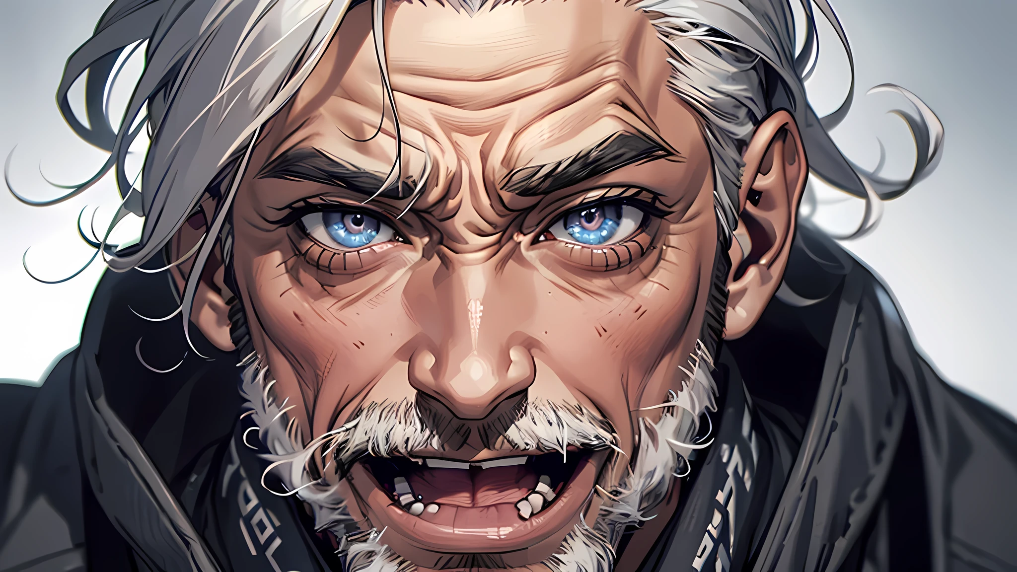 An old man,wrinkle on face, gray hair, detailed eyes, detailed face, detailed nose, disgusting face, perverted, talking something, open mouth,