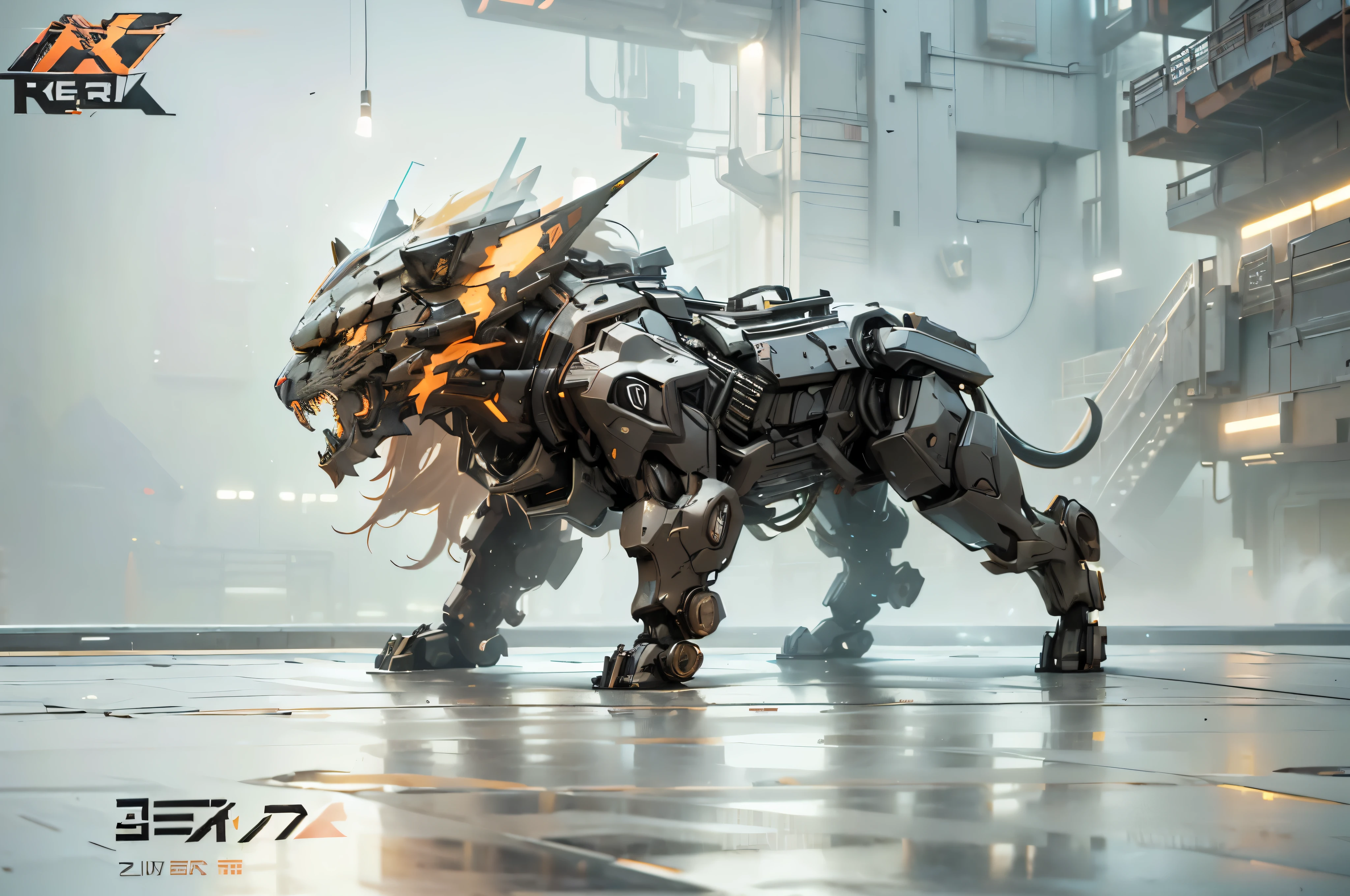 cyberpunk, Mechanical lion，（Mechanized lion head:1.5), Steel teeth，glowing neon lights, ( global illumination, Ray tracing, human development report, Unreal rendering,Reasonable design, high detail, masterpiece, best quality, ultra high definition, Beijing_Zagu_Mecha