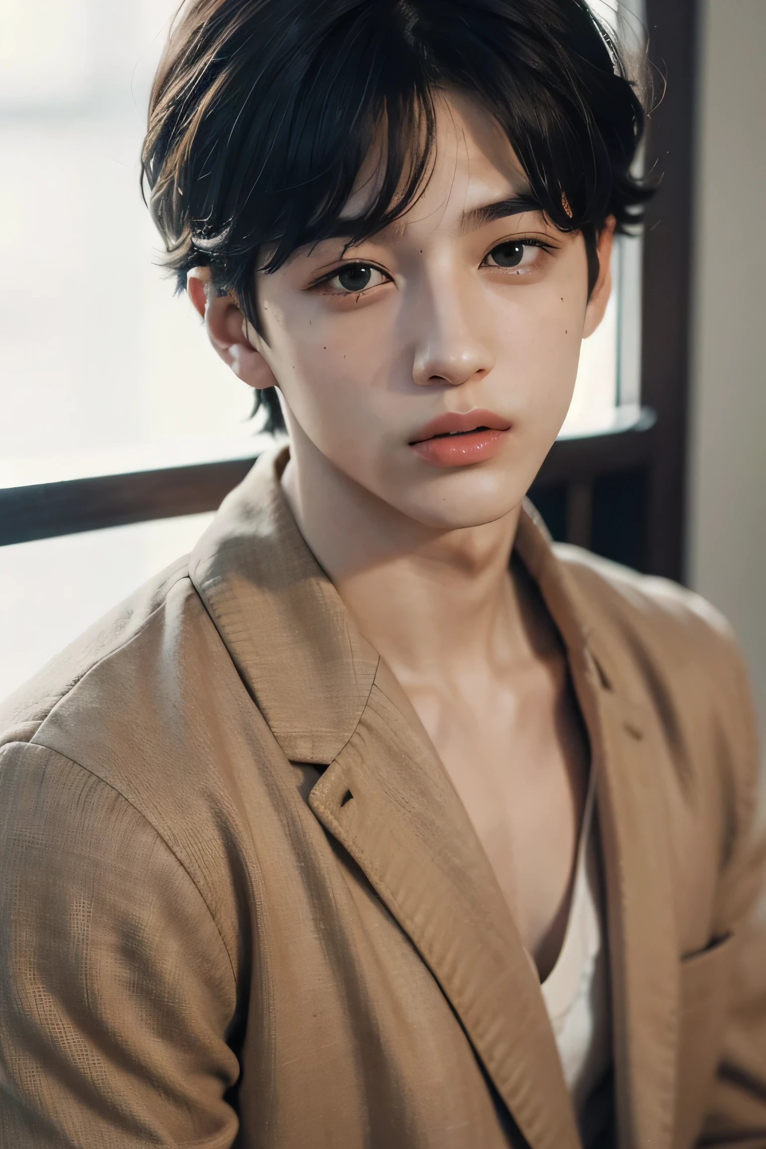 RAW photo, photograph, Photorealistic, Bold RAW photo, 1boy, male focus, topless male, messy hair, looking at viewer, outdoors, Beautiful Lighting, deep shadow, the best quality, masterpiece, ultra highres, photorealistic, blurry background