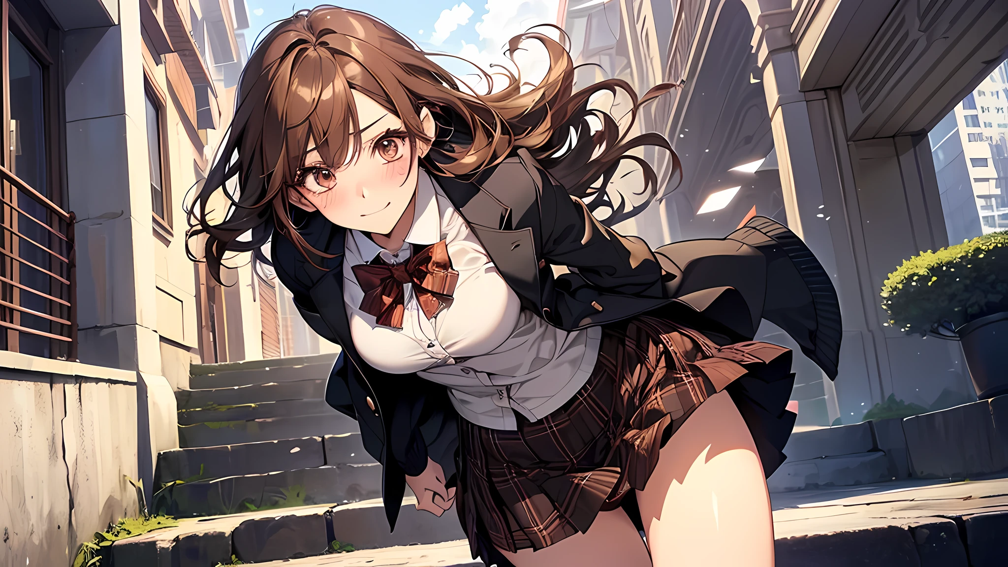 ((masutepiece, Best Quality, hight resolution, nffsw, Perfect Pixel, 4K, nffsw, nffsw))), 1girl in, Single, Solo, Beautie、full body seen、 ((Middle Wave Hair, Bangs, Brown hair)), ((Brown-eyed, Beautiful eyelashes, Realistic eyes)), ((Detailed face, Blushing:1.2)), ((Smooth texture:0.75, Realistic texture:0.65, Photorealistic:1.1, Anime CG style)), medium breasts, Dynamic Angle, Perfect body, ((red bowtie, School uniform, Black jacket, Open jacket, Brown cardigan, White shirt, Black skirt, plaid skirts)), City staircase、Looking up from the bottom of the stairs、Very embarrassing panic smile, turned around、bending forward、(The wind flipped my skirt and exposed my butt....................、Touching the buttocks with both hands、White floral lace panties)、