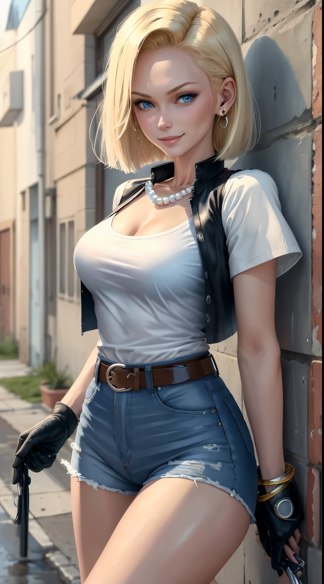 best quality, highres, and18, 1girl, android 18, solo, blonde hair, blue eyes, belt, blue jeans, pearl_necklace, bracelet, black gloves, white shirt, short hair, short sleeves, earrings, blue pants, open vest, black vest, large breasts, cowboy shot, street, straight-on, meadow landscape, (weather: windy), wet clothes, sexy smile,