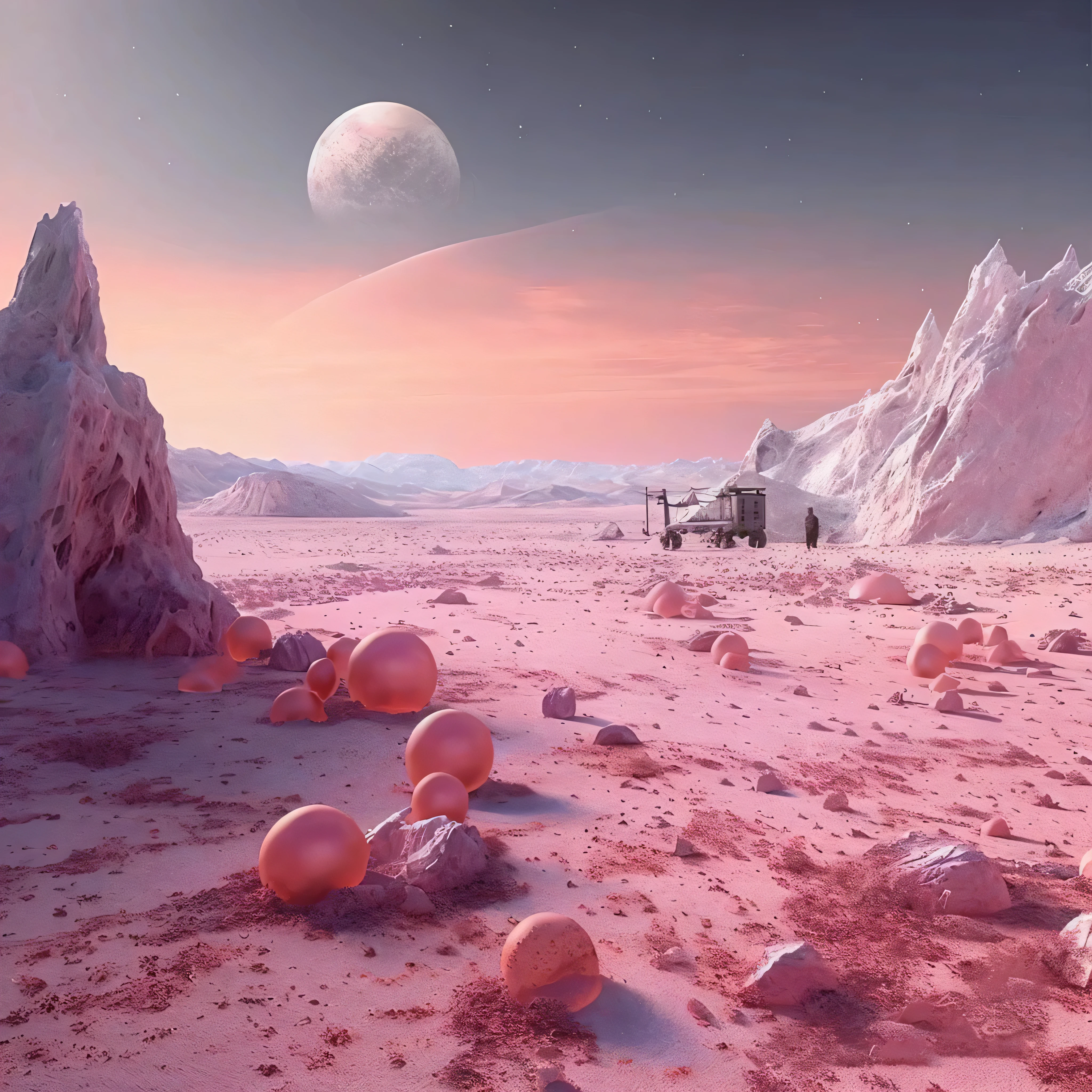 There is a pink desert in the background,There are rocks and mountains, inspired author:author:by filip hodas, author:by filip hodas的艺术风格, author:author:by filip hodas, bible. Surrealism, 3 d render bible, in style of bible, recusion bible, arstation and bible highly
