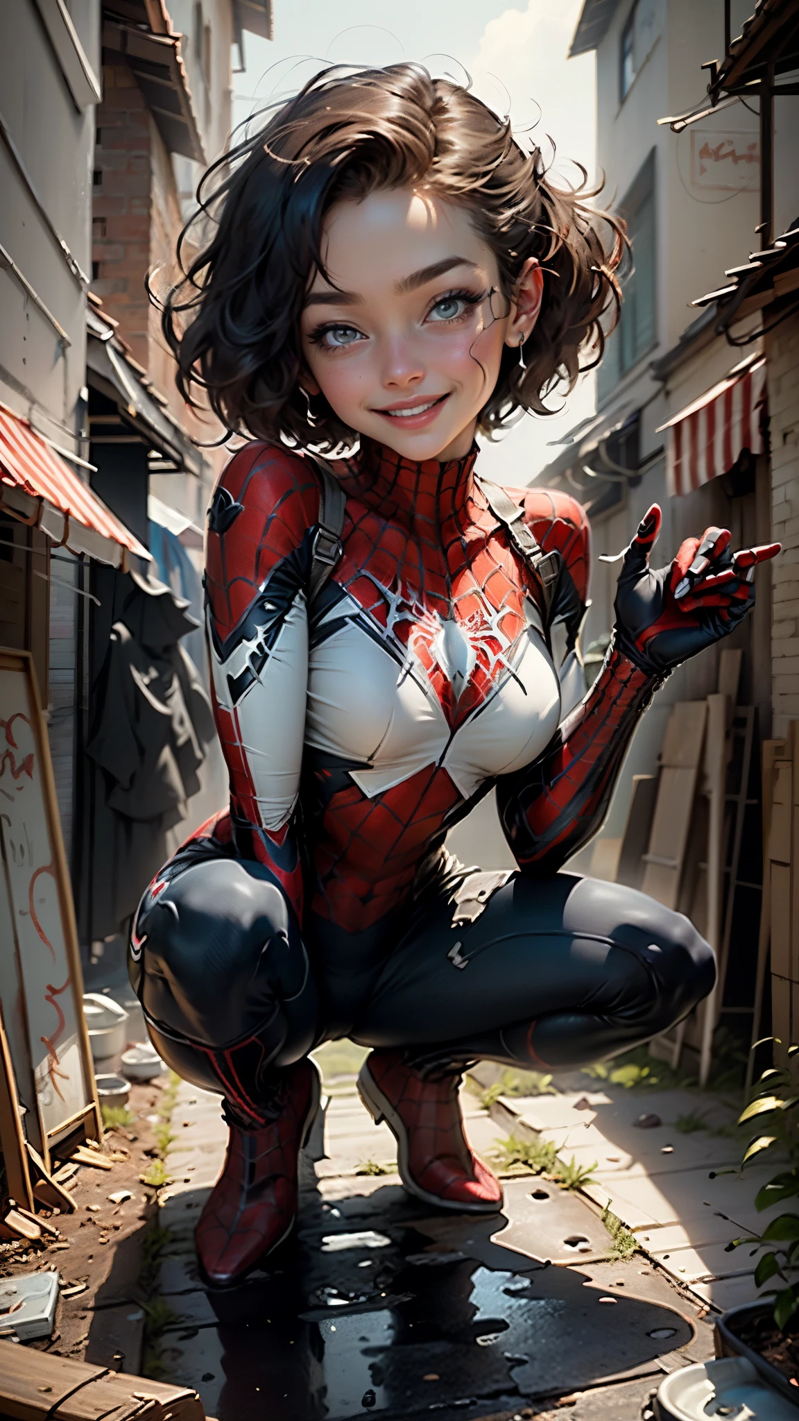 Beautiful woman detailed defined body using Spider-Man role-playing，small  breasts，smiled，exquisite facial features，with short hair，Squat on the roof of a tall building