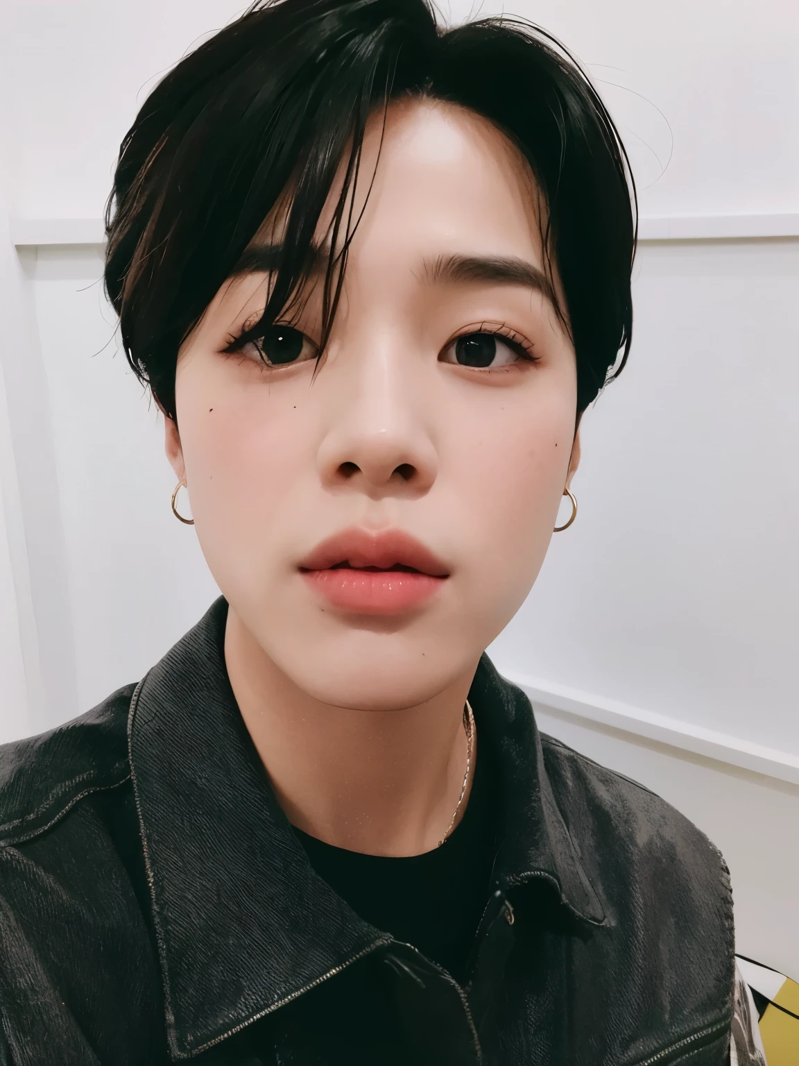 un primer plano de una persona con una camisa negra y una chaqueta negra, Jimin\los labios carnosos, Jimin\his right eyelid is swollen, park Jimin, Jimin\la nariz griega, Jimin, accurate Jimin face, Jung Jaehyun, hyung tae, TaeJune Kim, hong junio hyung, kim doyoung, pale korean adorable face