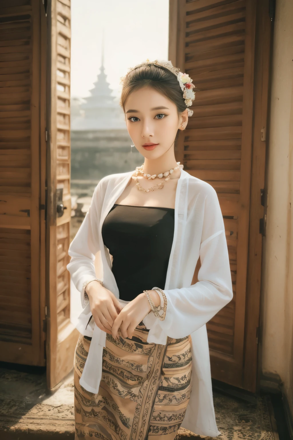 (best quality,4k,8ก,height,Masterpiece:1.2),Very detailed,(realistic,photorealistic,photo-realistic:1.37), MMTD traditional dress with Burmese pattern, beautiful girl wearing a dress, Detailed eyes and face, Long eyelashes, Wear a pearl necklace and a gold bracelet., Soft natural light ,ancient city,Standing with full body details