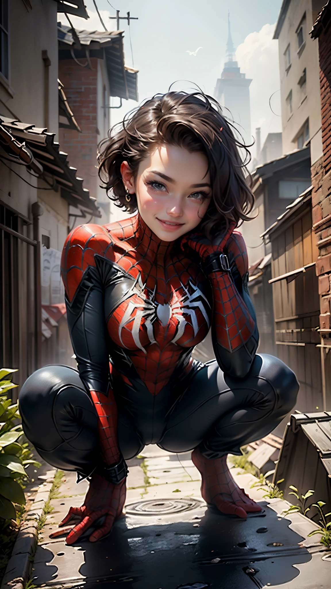Beautiful woman detailed defined body using Spider-Man role-playing，small  breasts，smiled，exquisite facial features，with short hair，Squat on the roof of a tall building