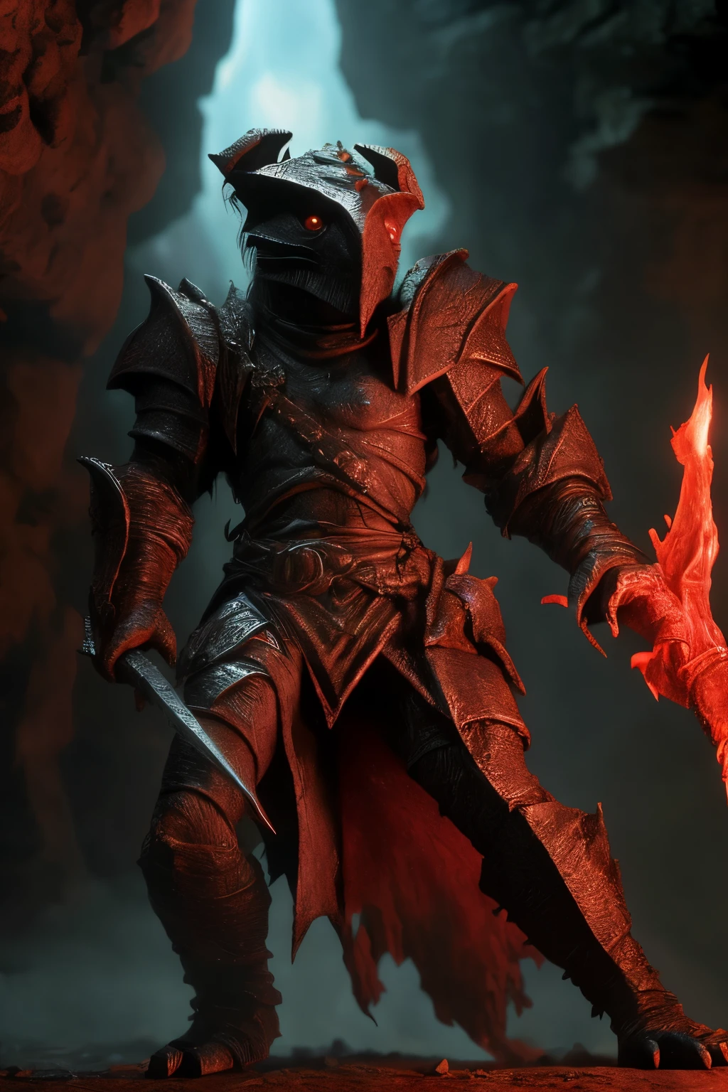 A dramatic scene from a Dungeons & Dragons adventure, depicted in intricate detail. A valiant Dragonborn warrior, clad in red armor, wields a massive sword with a dark smoke trail. In the depths of a dungeon, the Dragonborn stands triumphantly over a defeated red demon, its lifeless form engulfed in the aftermath of the epic battle. The sword, imbued with magical energy, glows ominously in the dimly lit chamber. As the Dragonborn basks in the victory, a hapless dwarf tumbles from his grasp, adding an unexpected element to the scene.

This vivid image is rendered in high-definition, with every texture