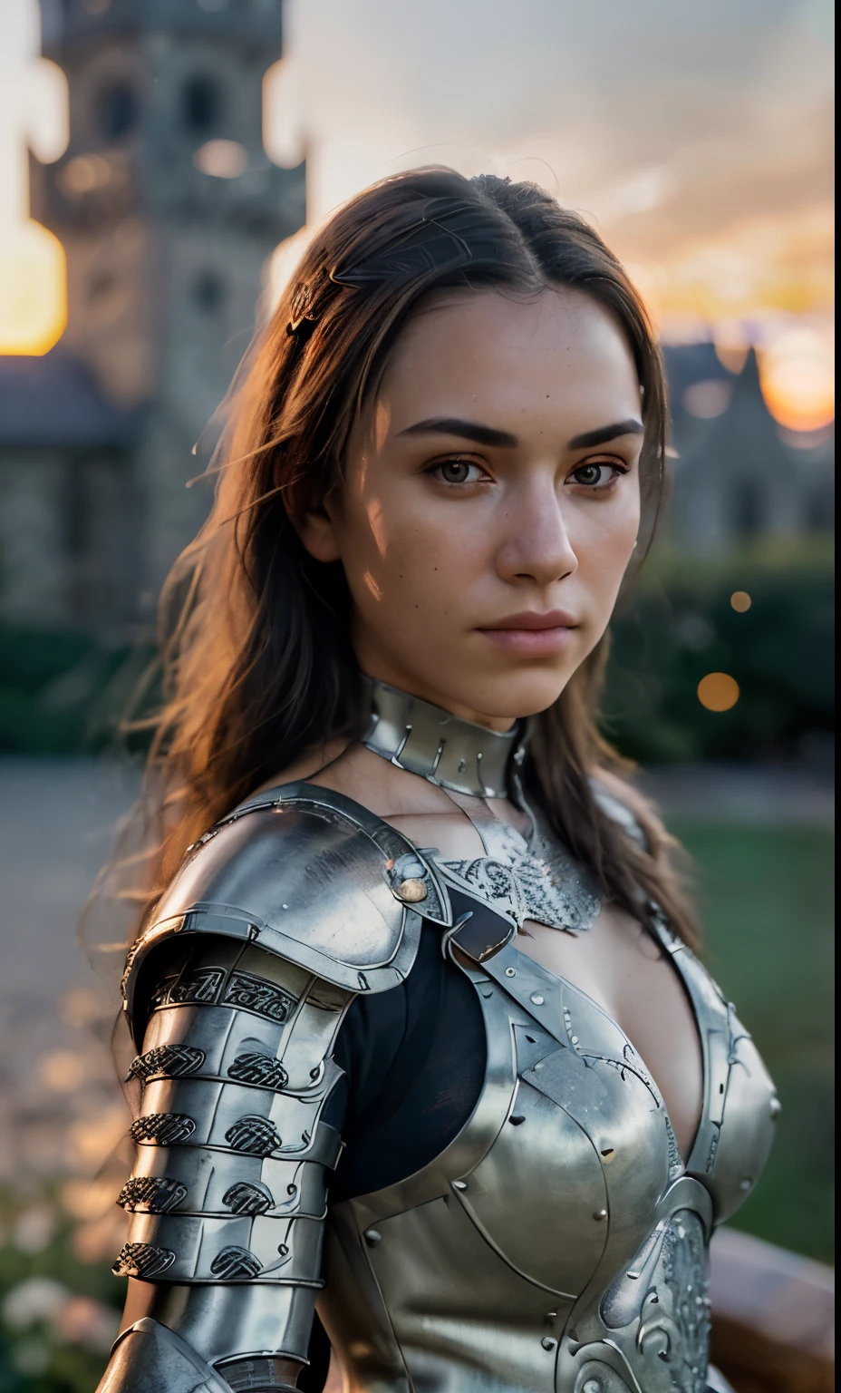 (masterpiece), (extremely intricate:1.3), (realistic), portrait of a girl, the most beautiful in the world, (medieval armor), metal reflections, upper body, outdoors, intense sunlight, far away castle, professional photograph of a stunning woman detailed, sharp focus, dramatic, award winning, cinematic lighting, octane render unreal engine, volumetrics dtx, (film grain, blurry background, blurry foreground, bokeh, depth of field, sunset, motion blur:1.3), chainmail