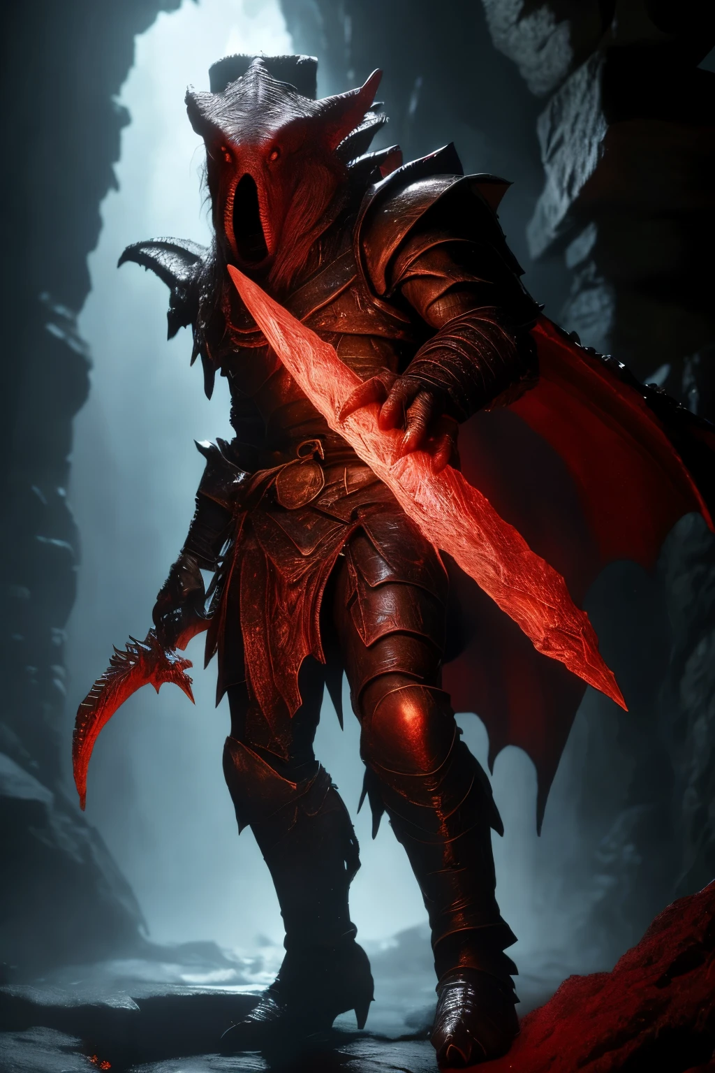 A dramatic scene from a Dungeons & Dragons adventure, depicted in intricate detail. A valiant Dragonborn warrior, clad in red armor, wields a massive sword with a dark smoke trail. In the depths of a dungeon, the Dragonborn stands triumphantly over a defeated red demon, its lifeless form engulfed in the aftermath of the epic battle. The sword, imbued with magical energy, glows ominously in the dimly lit chamber. As the Dragonborn basks in the victory, a hapless dwarf tumbles from his grasp, adding an unexpected element to the scene.
This vivid image is rendered in high-definition, with every texture