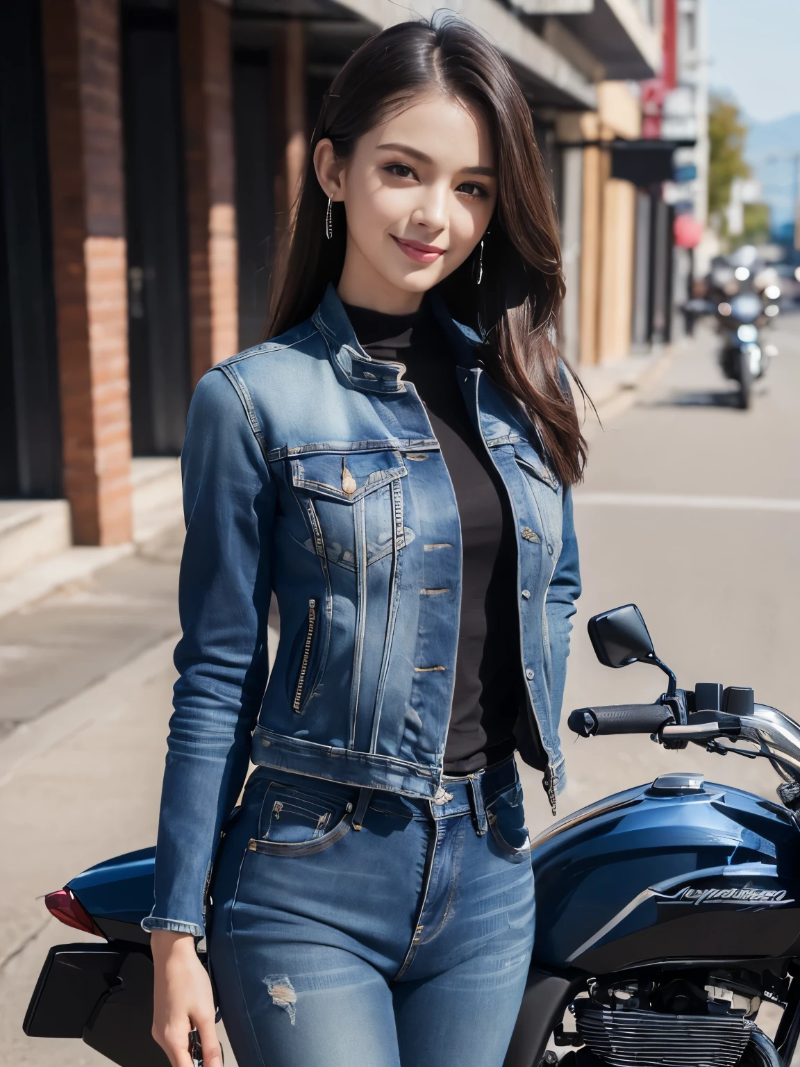 ((highest quality, 8K, masterpiece: 1.3)), sharp: 1.2, perfect body beauty: 1.4,(((Woman on Motorcycle))),slender body,((Blue long sleeve motorcycle jacket and jeans)),Highly detailed face and skin texture,((full body shot)),Natural light,smile
