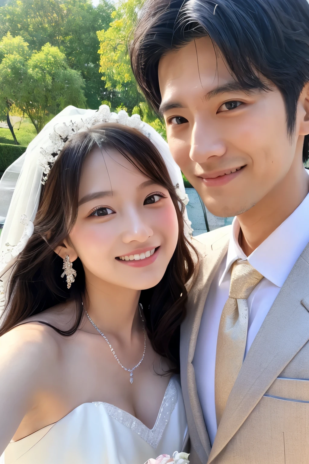 highest quality、8K、32K、high resolution、Super realistic、detailed、masterpiece、超high resolution、Japanese、Japanese、Couple photo of 27 year old woman and 35 year old man、wedding style、Wedding dress、smile、Beautiful hair、beautiful skin、beautiful eyes、Close-up、selfie