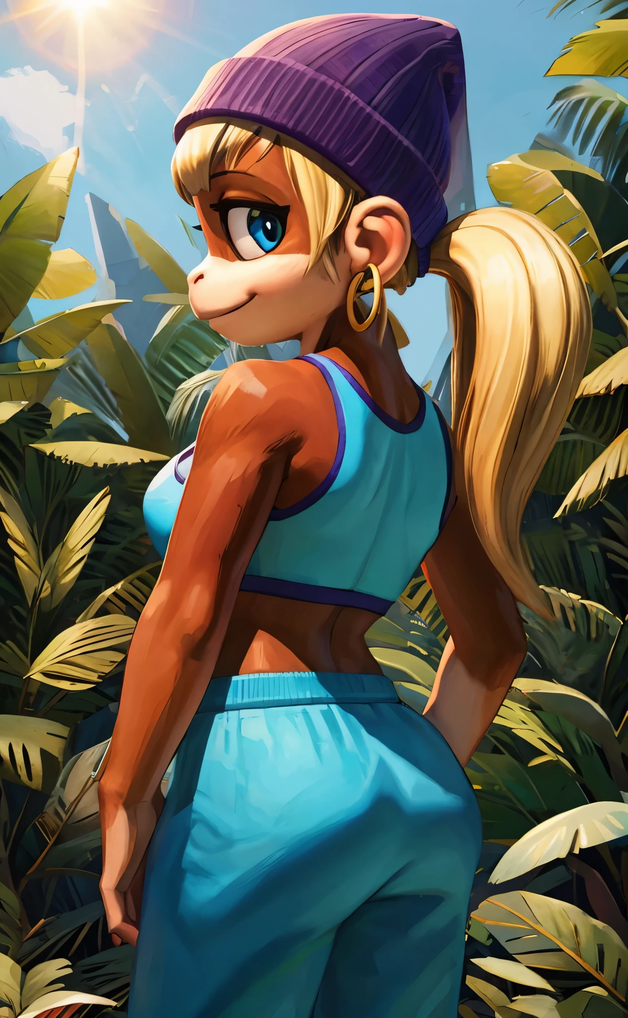 [Tiny Kong], [Uploaded to e621.net; (Pixelsketcher), (wamudraws)}, ((masterpiece)), ((HD)), ((high res)), ((solo portrait)), ((waist-up)), ((back view)), ((furry; anthro)), ((detailed fur)), ((detailed shading)), ((beautiful render art)), ((intricate details)), {anthro monkey; brown fur, (two nostrils), (cute blue eyes), (half-closed eyes), (short eyelashes), blonde hair, twintails, (pink nails), (curvy hips), (beautiful legs), (cute smirk)}, {(blue sports bra), (midriff), (blue sweatpants), (purple beanie), (green stripes on beanie), (gold hoop earrings)}, {(standing), (looking at viewer)}, [background; (tropical forest), (beaten path), (blue sky), (sun rays), (ambient lighting)]