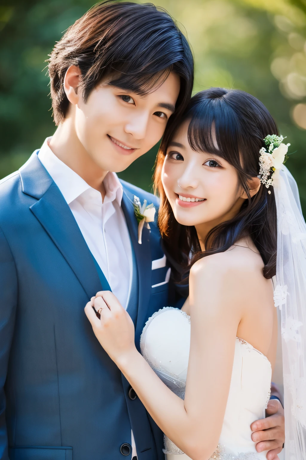 highest quality、8K、32K、high resolution、((Super realistic))、detailed、masterpiece、超high resolution、Japanese、(Couple photo of 25 year old woman and 32 year old man)、bob hair、same height、(wedding style)、Wedding dress、smile、Beautiful hair、beautiful skin、beautiful eyes、profile、selfie