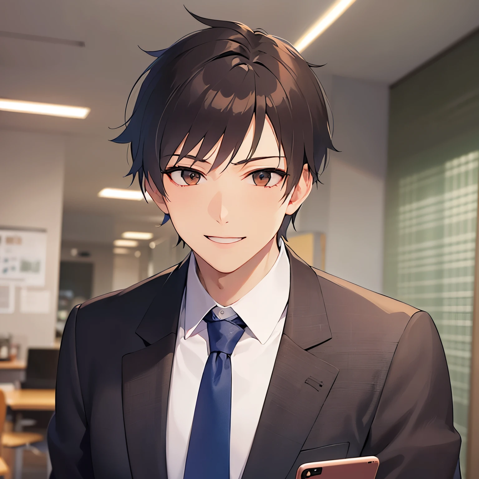 A 25-year-old young man with short black hair and orange eyes, wearing a gray suit and blue tie, is holding a smartphone and smiling in the office.