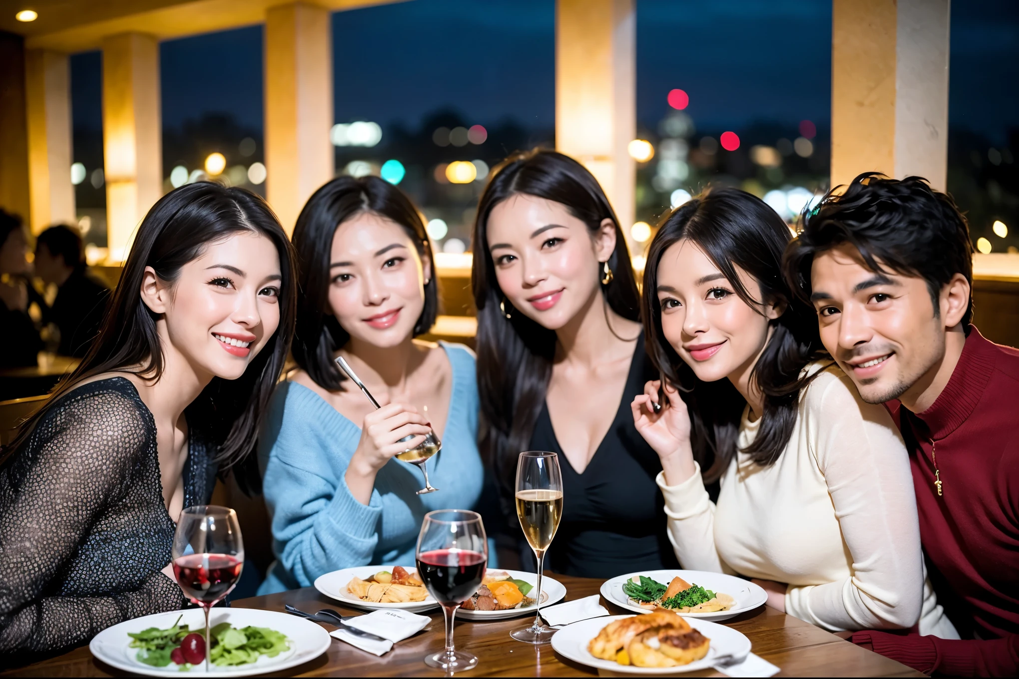 k, UHD, highest quality, masterpiece: 1.2), (realistic, photorealistic: 1.37), Super detailed, celebration paeauty、attractive、beautiful mature 3 women who love wine、three men、champagne、Sparkling wine、winter night、restaurantでワイン宴会、(slimな男女4名),(Wine party for 5 p)、(slimフェイス),Happy、 最高なsmile、Fox Face、Raccoon face、Berry Short、(because I&#39;thin), (brown hair), (shortcut), long sleeve shirt、winter fashion、Colombia、Brazilian、Japanese、Dutch、German、Portuguese、Belgian、Italian、french, (gushing), (slimボティ), (brown hair), (shortcut), 端正なbeauty、cheeks blush a little, (41 years old), 38 years old, 35 years old、32 years old、 A beautiful and detailed night view spreads out outside the window......., restaurant, wine glassが座っている, At night, in a prominent place (from the Upper body) nova frog style, actress, model, Upper body, White wine, slim, wine glass, Very beautiful night view, wine glass Put in the Middle, Happy smile, (smile: 1.15), 