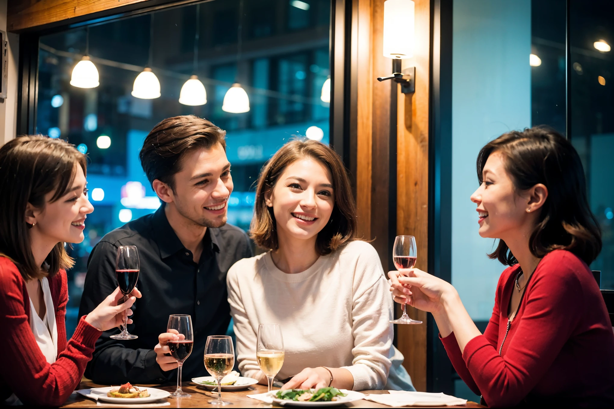 64k, UHD, highest quality, masterpiece: 1.2), (realistic, photorealistic: 1.37), Super detailed, celebration party、beauty、attractive、beautiful mature woman、3 women who love wine、three men、champagne、Sparkling wine、winter night、restaurantでワイン宴会、(slimな男女4名),(Wine party for 5 people)、(slimフェイス),Happy、 最高なsmile、Fox Face、Raccoon face、Berry Short、(because I'thin), (brown hair), (shortcut), long sleeve shirt、winter fashion、Colombia、Brazilian、Japanese、Dutch、German、Portuguese、Belgian、Italian、french, (gushing), (slimボティ), (brown hair), (shortcut), 端正なbeauty、cheeks blush a little, (41 years old), 38 years old, 35 years old、32 years old、 A beautiful and detailed night view spreads out outside the window......., restaurant, wine glassが座っている, At night, in a prominent place (from the Upper body) nova frog style, actress, model, Upper body, White wine, slim, wine glass, Very beautiful night view, wine glass Put in the Middle, Happy smile, (smile: 1.15),