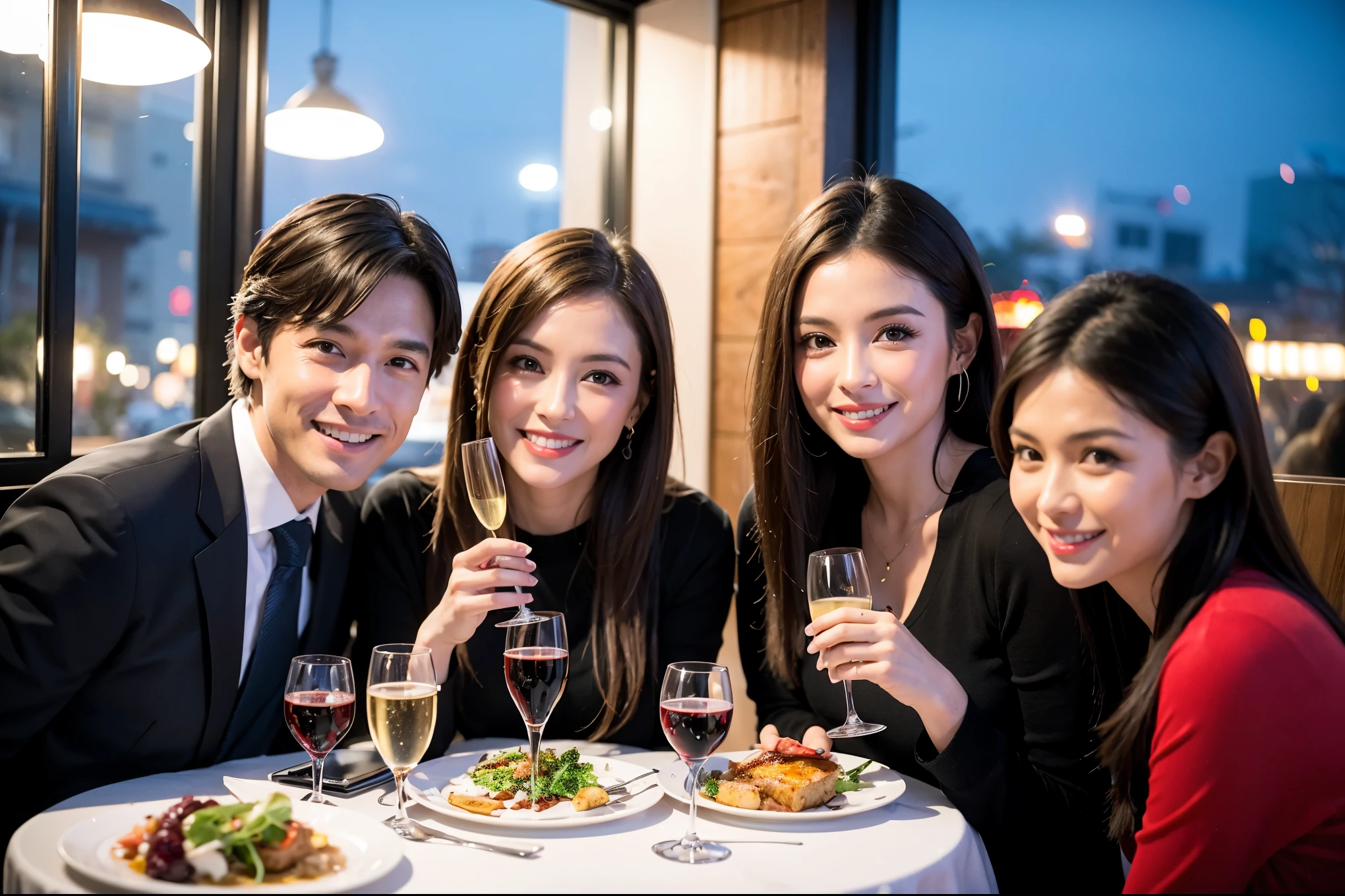 64k, UHD, highest quality, masterpiece: 1.2), (realistic, photorealistic: 1.37), Super detailed, celebration party、beauty、attractive、beautiful mature woman、3 women who love wine、three men、champagne、Sparkling wine、winter night、restaurantでワイン宴会、(slimな男女4名),(Wine party for 5 people)、(slimフェイス),Happy、 最高なsmile、Fox Face、Raccoon face、Berry Short、(because I'thin), (brown hair), (shortcut), long sleeve shirt、winter fashion、Colombia、Brazilian、Japanese、Dutch、German、Portuguese、Belgian、Italian、french, (gushing), (slimボティ), (brown hair), (shortcut), 端正なbeauty、cheeks blush a little, (41 years old), 38 years old, 35 years old、32 years old、 A beautiful and detailed night view spreads out outside the window......., restaurant, wine glassが座っている, At night, in a prominent place (from the Upper body) nova frog style, actress, model, Upper body, White wine, slim, wine glass, Very beautiful night view, wine glass Put in the Middle, Happy smile, (smile: 1.15),