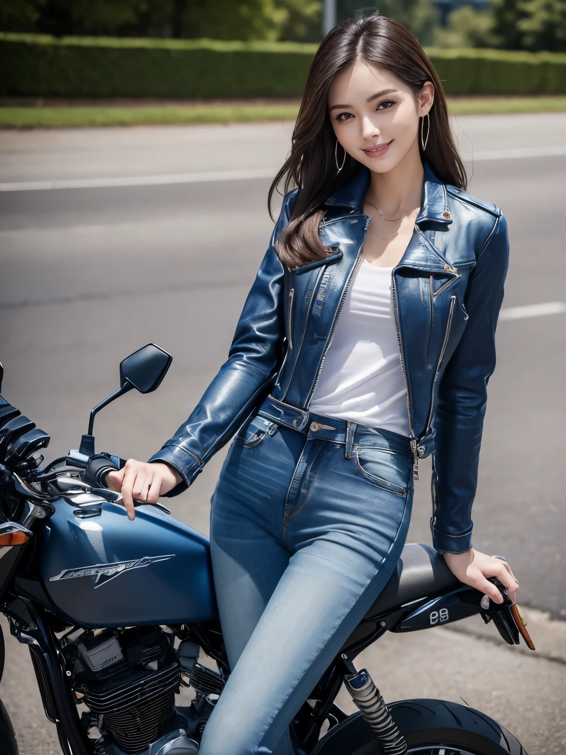 ((highest quality, 8K, masterpiece: 1.3)), sharp: 1.2, perfect body beauty: 1.4,(((Woman on Motorcycle))),slender body,((Blue long sleeve motorcycle jacket and jeans)),Highly detailed face and skin texture,((full body shot)),Natural light,smile