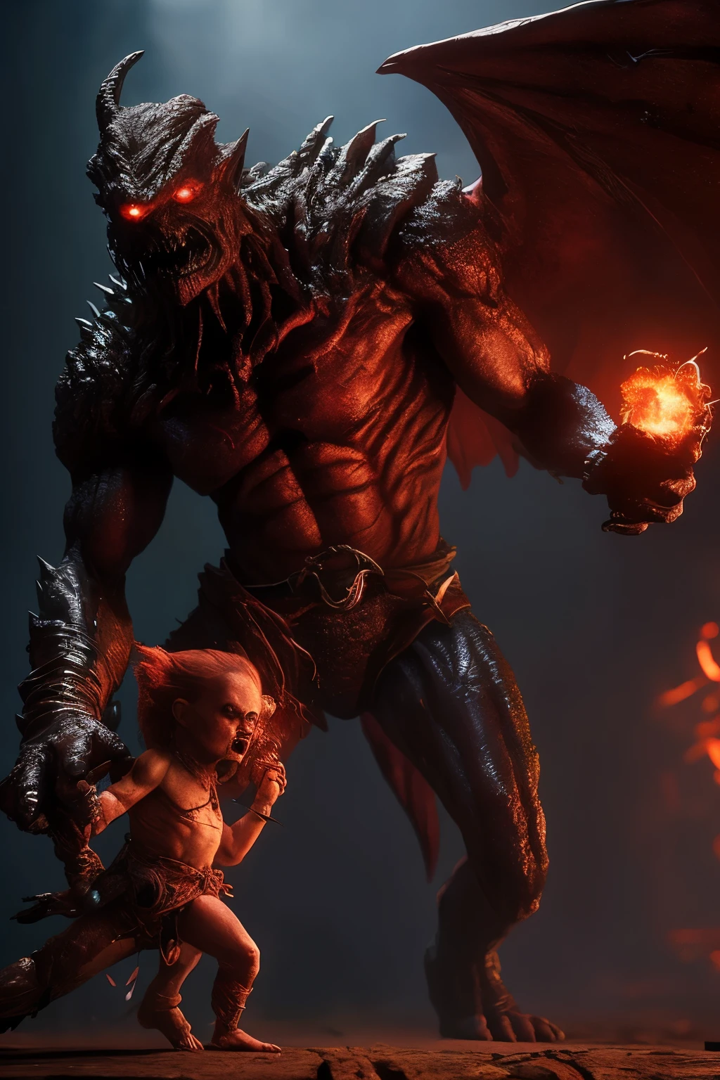 A captivating scene from a Dungeons & Dragons role-playing game unfolds before us, depicted in exquisite detail in a medieval, 8K digital artwork. A valiant warrior, armed with a towering, crimson-hued sword, stands triumphantly over a colossal, fiery red demon caged in a dimly lit dungeon. The demon, with its menacing, contorted features, emits an aura of malevolence and destruction, its eyes burning with an insatiable rage. With one hand, the hero holds the demon at bay, while with the other, he casually tosses a dwarf to the side, its small figure seemingly insignific