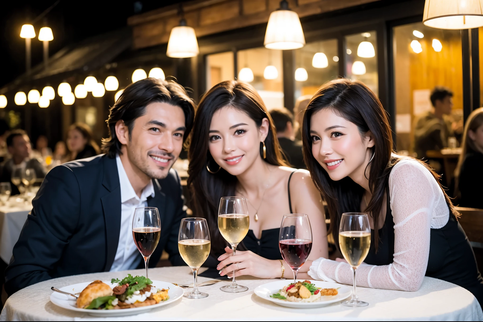 64k, UHD, highest quality, masterpiece: 1.2), (realistic, photorealistic: 1.37), Super detailed, celebration party、beauty、attractive、beautiful mature woman、3 women who love wine、three men、champagne、Sparkling wine、winter night、restaurantでワイン宴会、(slimな男女4名),(Wine party for 5 people)、(slimフェイス),Happy、 最高なsmile、Fox Face、Berry Short、(because I&#39;thin), (brown hair), (shortcut), long sleeve shirt、winter fashion、Colombia、Brazilian、Japanese、Dutch、German、Portuguese、Belgian、Italian、french, (gushing), (slimボティ), (brown hair), (shortcut), 端正なbeauty、cheeks blush a little, (41 years old), 38 years old, 35 years old、32 years old、 43 years old、A beautiful and detailed night view spreads out outside the window......, restaurant, wine glassが座っている, At night, in a prominent place (from the Upper body) nova frog style, actress, model, Upper body, White wine, slim, wine glass, Very beautiful night view, wine glass Put in the Middle, Happy smile, (smile: 1.15), 