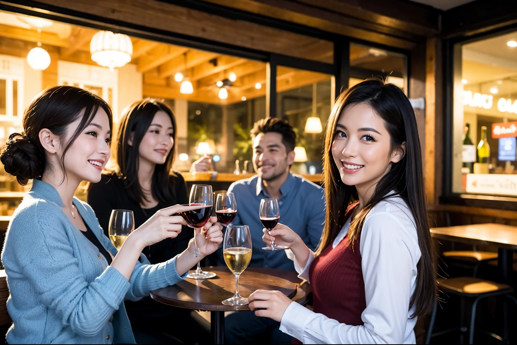 64k, UHD, highest quality, masterpiece: 1.2), (realistic, photorealistic: 1.37), Super detailed, celebration party、pretty、beauty、attractive、beautiful mature woman、3 women who love wine、three men、champagne、Sparkling wine、winter night、restaurantでワイン宴会、(slimな男女4名),(Wine party for 5 people)、(slimフェイス),Happy、 最高なsmile、Fox Face、Berry Short、(because I&#39;thin), (brown hair), (shortcut), long sleeve shirt、winter fashion、Colombia、Brazilian、Japanese、Dutch、German、Portuguese、Belgian、Italian、french, (gushing), (slimボティ), (brown hair), (shortcut), 端正なbeauty、cheeks blush a little, (41 years old), 38 years old, 35 years old、32 years old、 A beautiful and detailed night view spreads out outside the window......., restaurant, wine glassが座っている, At night, in a prominent place (from the Upper body) nova frog style, actress, model, Upper body, White wine, slim, wine glass, Very beautiful night view, wine glass Put in the Middle, Happy smile, (smile: 1.15), 