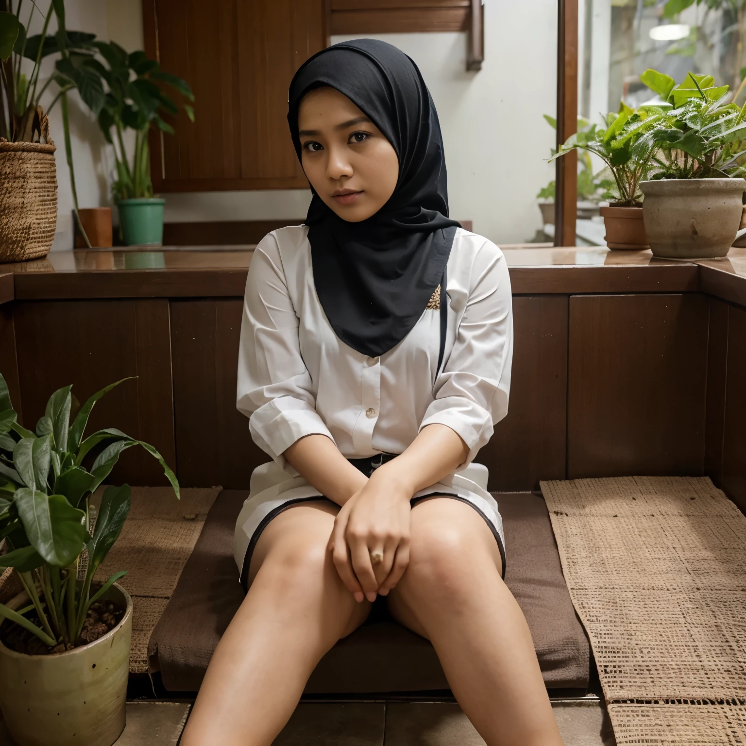 Wanita indonesia berhijab duduk di bawah pohon, suasana pegunungan.